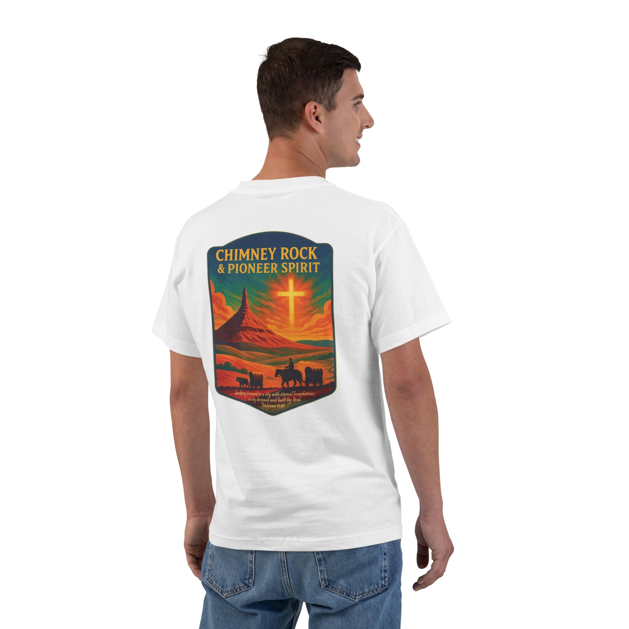 NB-Chimney Rock Pioneer Spirit Shirt, Nebraska Christian Tee, Wagon Trail, Hebrews 11:10, Frontier Apparel, God Bless America Collection