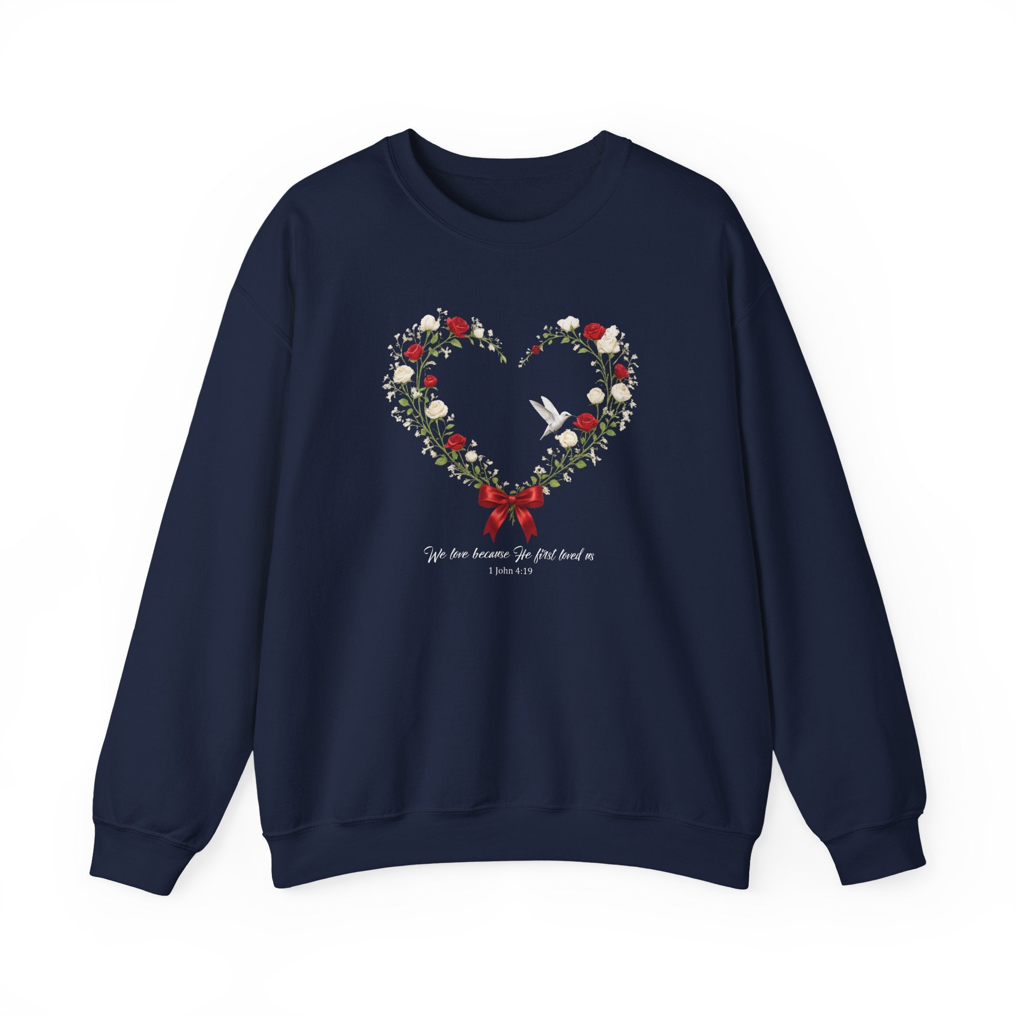 Christian Wildflower Heart Sweatshirt, 1 John 4:19 Floral  Faith Sweatshirt, Rose Hummingbird Womens Gift, Redeemed Faith Apparel, Boho Top