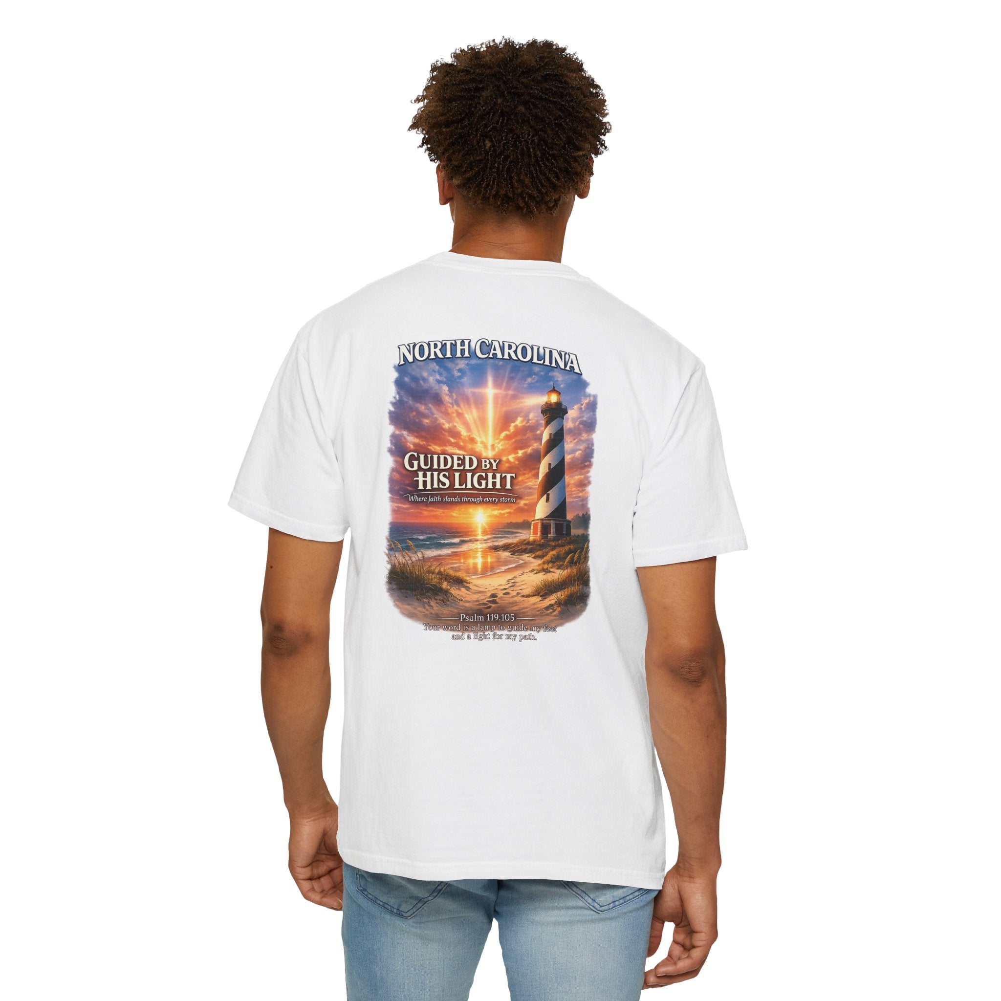 NC-North Carolina Guided by His Light Christian T Shirt, Lighthouse Faith Tee, Psalm 119:105 Shirt, God Bless America Collection
