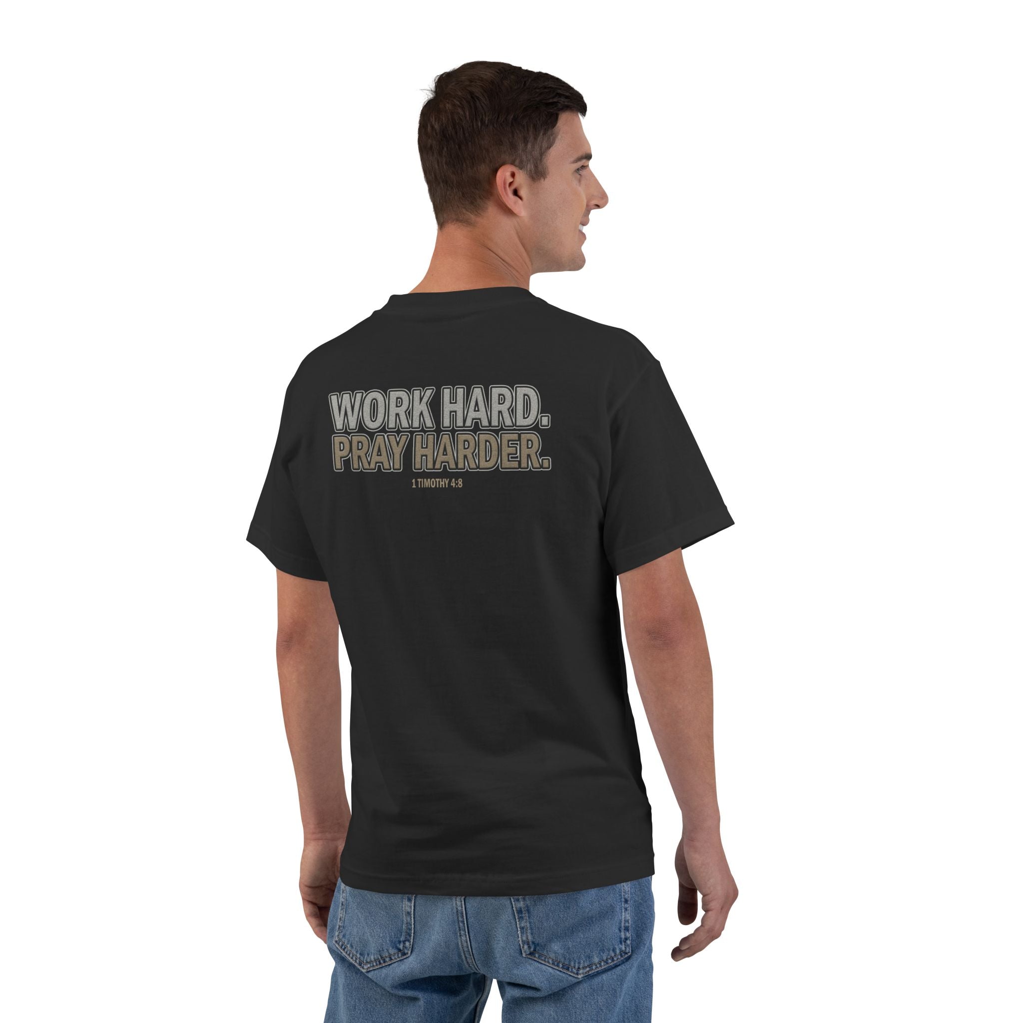 Work Hard Pray Harder Shirt - Christian Motivation Tee, Faith Over Hustle T-Shirt, 1 Timothy 48, Bible Verse Apparel, T-Shirt for Men Women