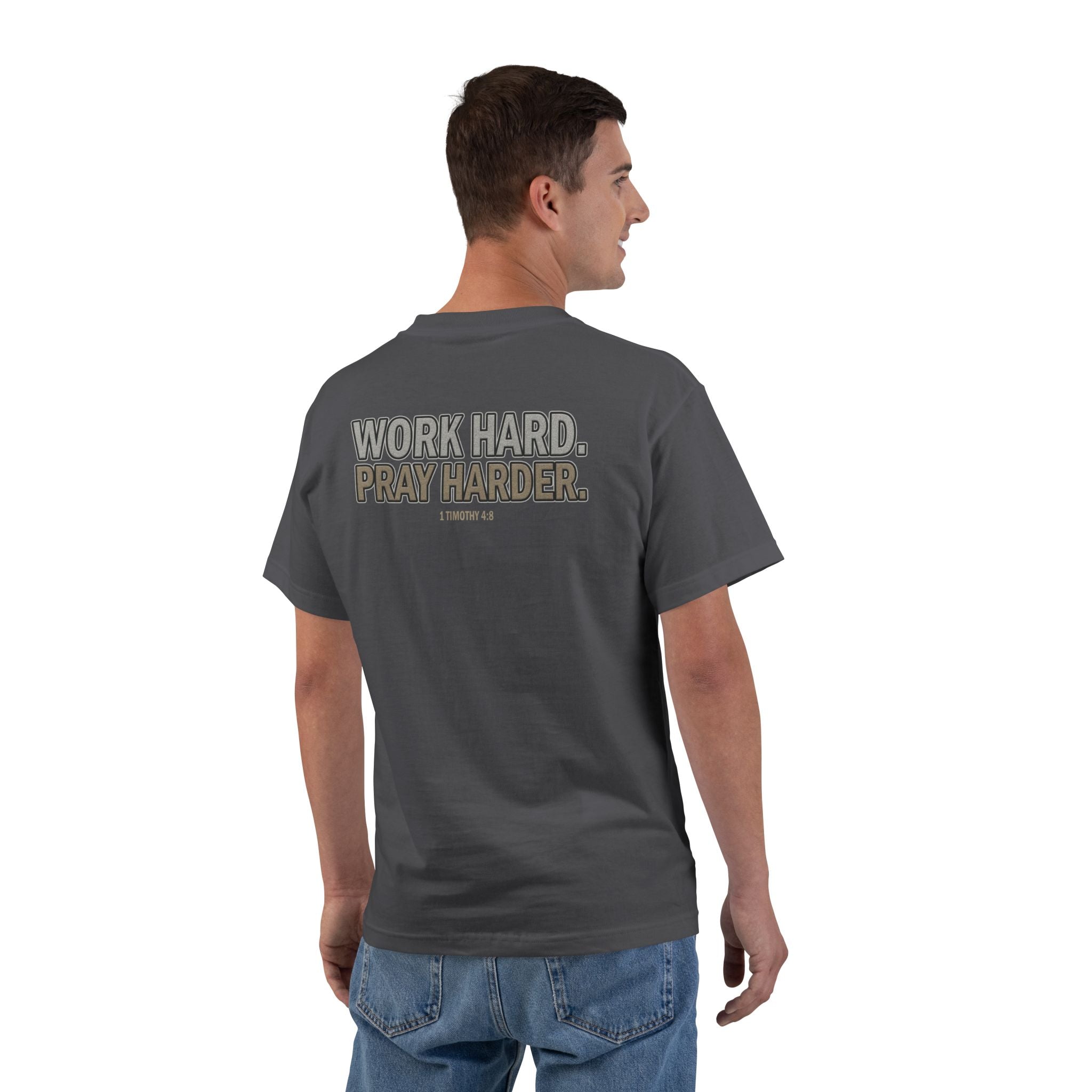 Work Hard Pray Harder Shirt - Christian Motivation Tee, Faith Over Hustle T-Shirt, 1 Timothy 48, Bible Verse Apparel, T-Shirt for Men Women