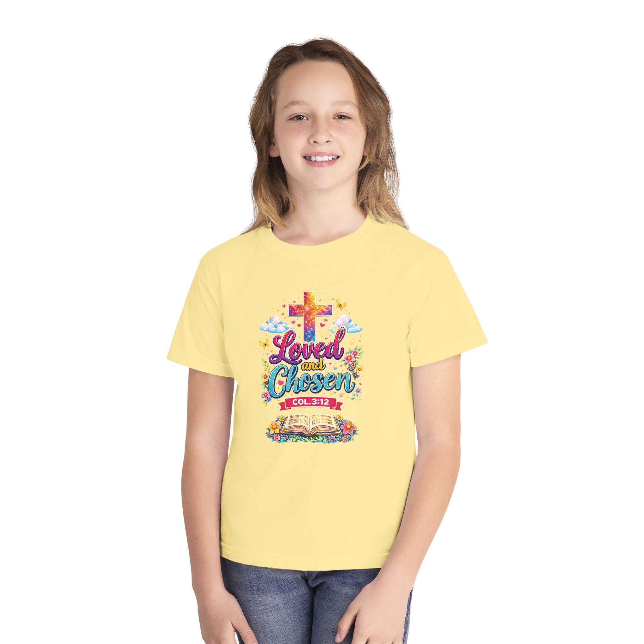 Loved and Chosen Youth Shirt, Christian Youth T Shirt, Bible Verse Youth Tee, Faith Shirt for Girls Boys, Church Youth Shirt Colossians 312