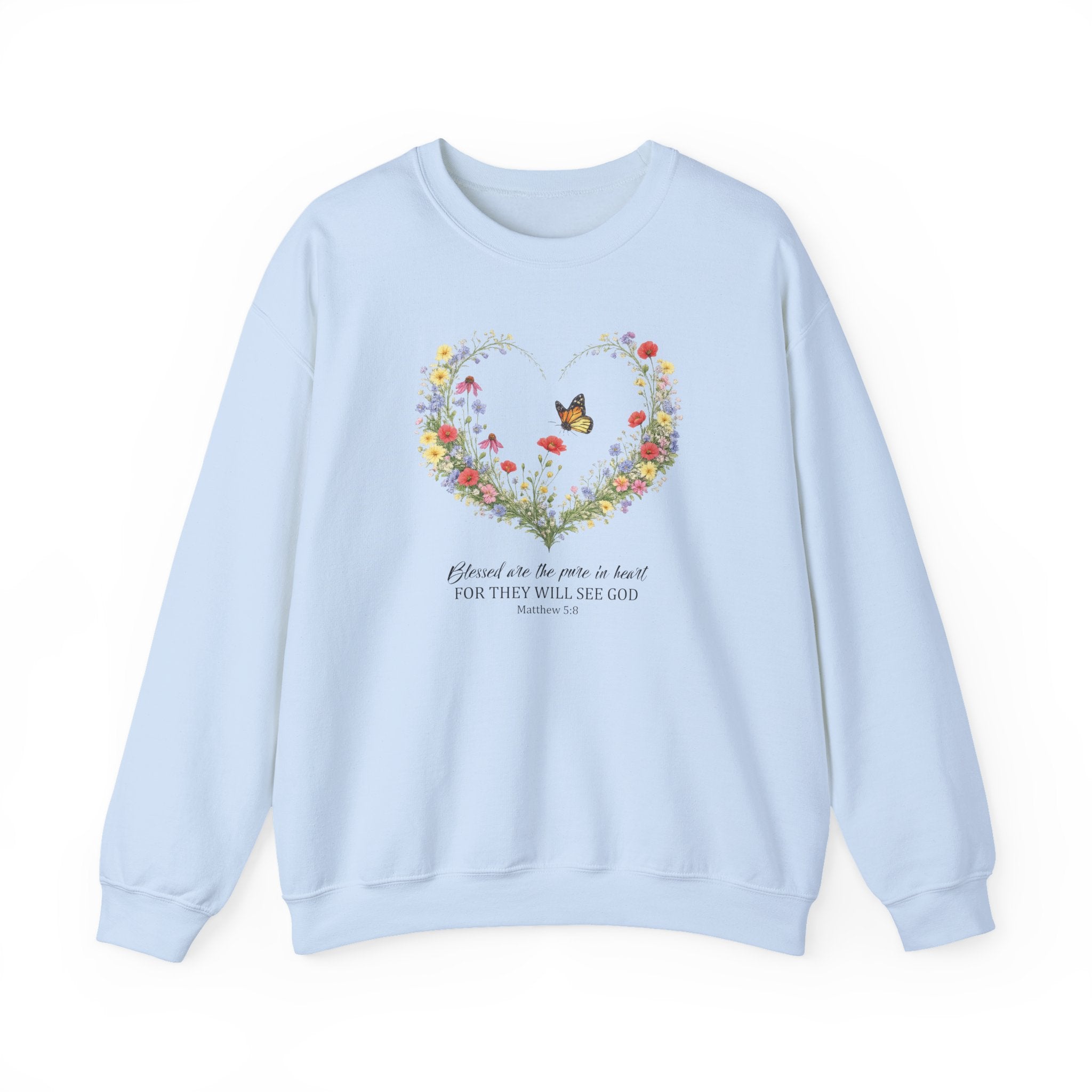 Floral Heart Wreath with Butterfly Crewneck Sweatshirt | Inspirational Scripture Quote