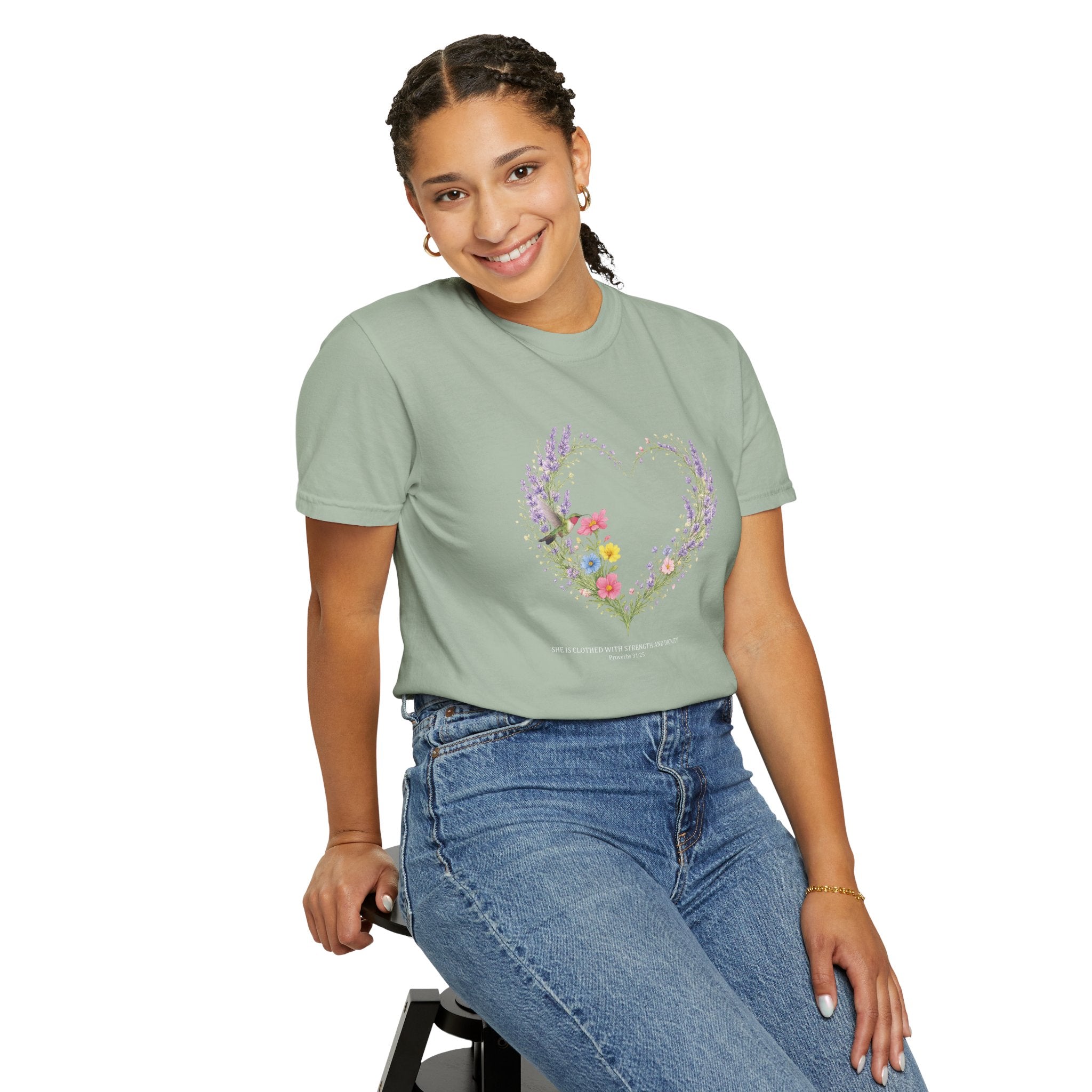 She Is Clothed With Strength And Dignity Floral Tee, Proverbs 31:25 Shirt, Christian Women Gift, Wildflower Heart, Redeemed Faith Apparel