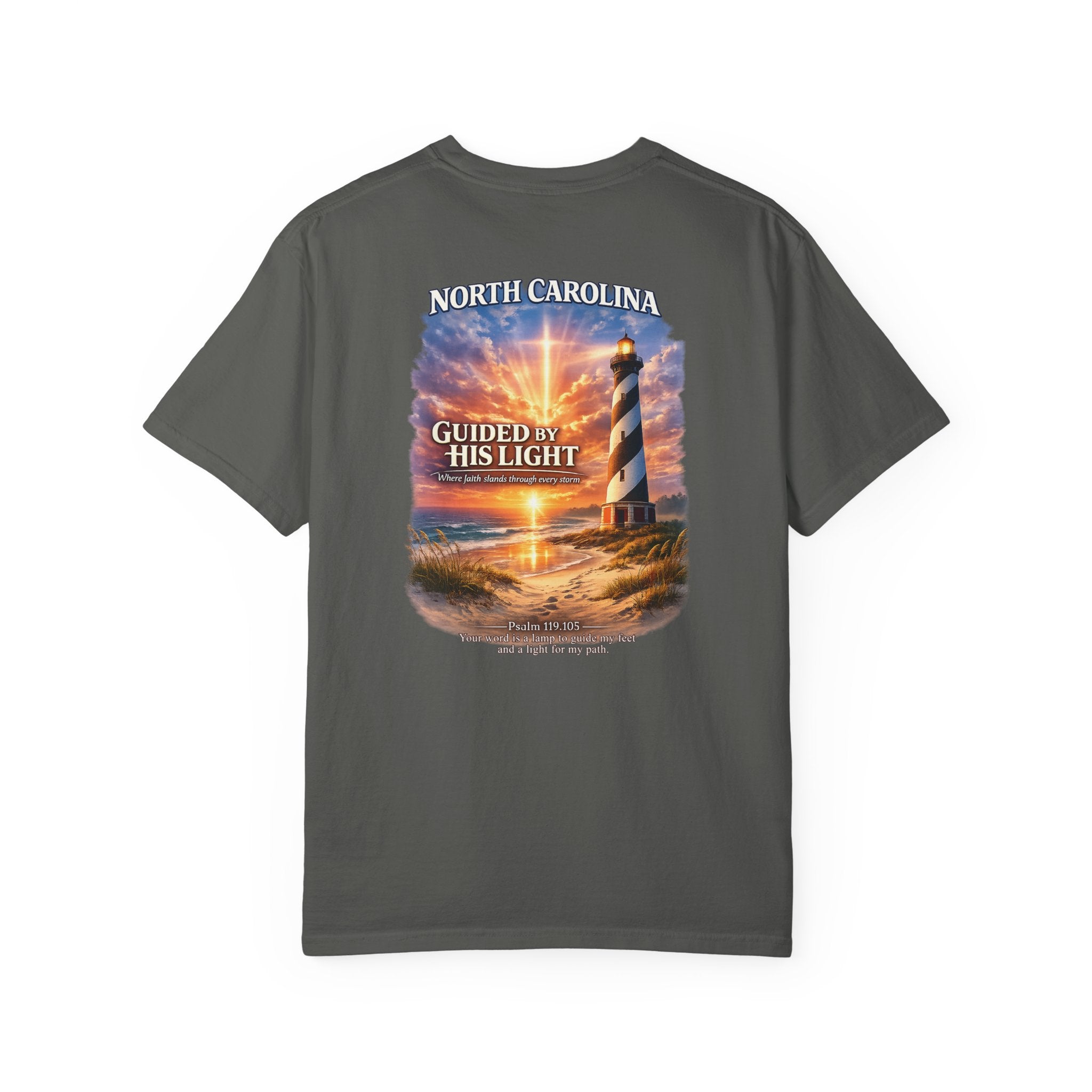 NC-North Carolina Guided by His Light Christian T Shirt, Lighthouse Faith Tee, Psalm 119:105 Shirt, God Bless America Collection