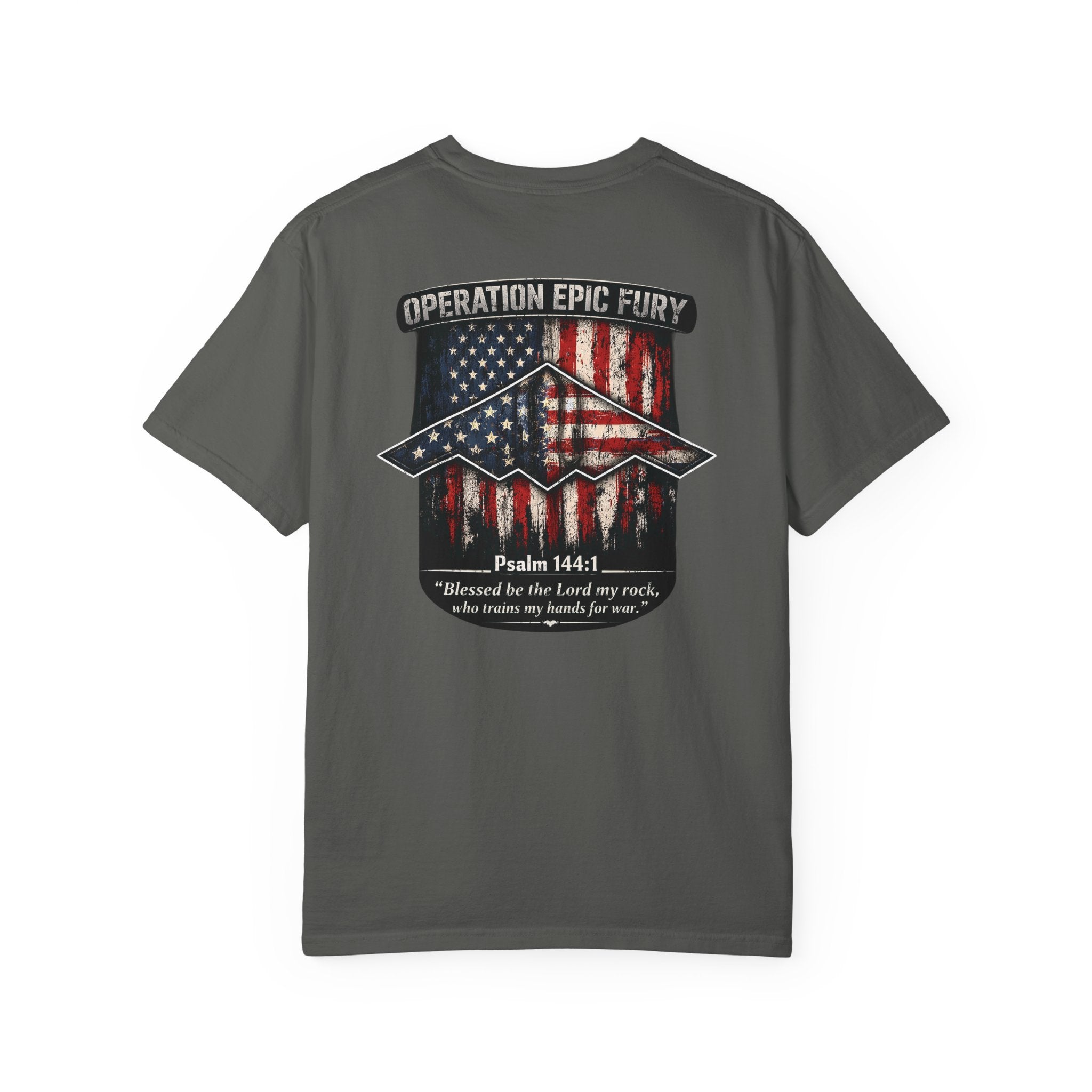 Operation Epic Fury Christian Shirt, Psalm 144:1 Patriotic Tee, Faith and Freedom Shirt, American Flag Bomber Shirt, Redeemed Faith Apparel