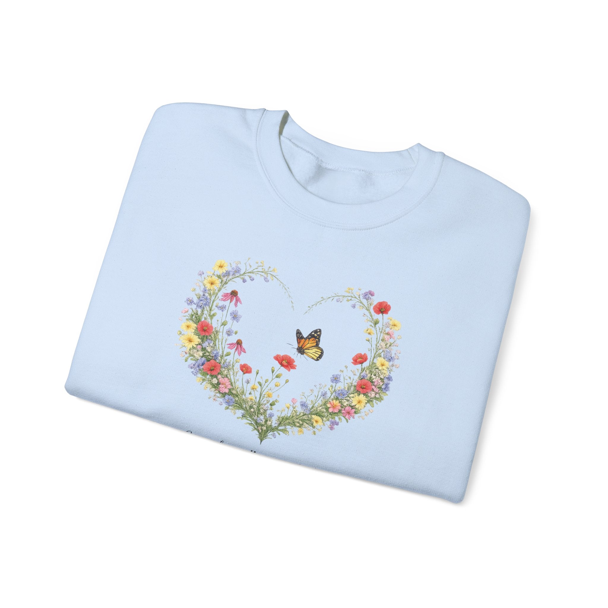 Floral Heart Wreath with Butterfly Crewneck Sweatshirt | Inspirational Scripture Quote