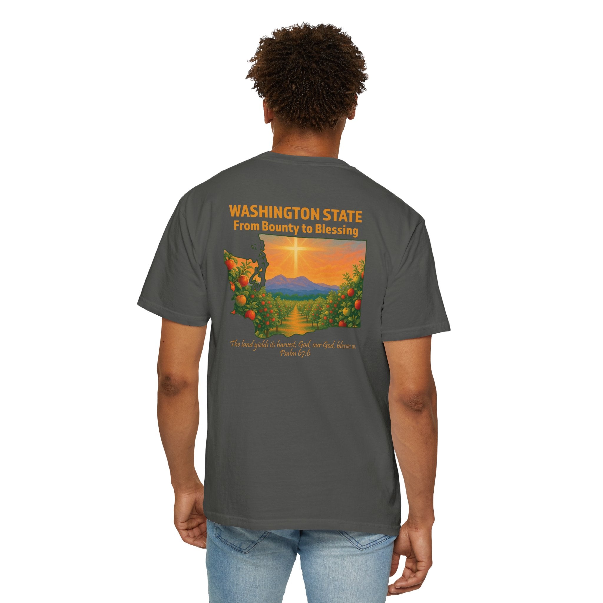 WA-From Bounty to Blessing, Psalm 67:6, Washington Apple Orchard T-shirt, Cross Faith Tee, God Bless America Collection, Redeemed Faith