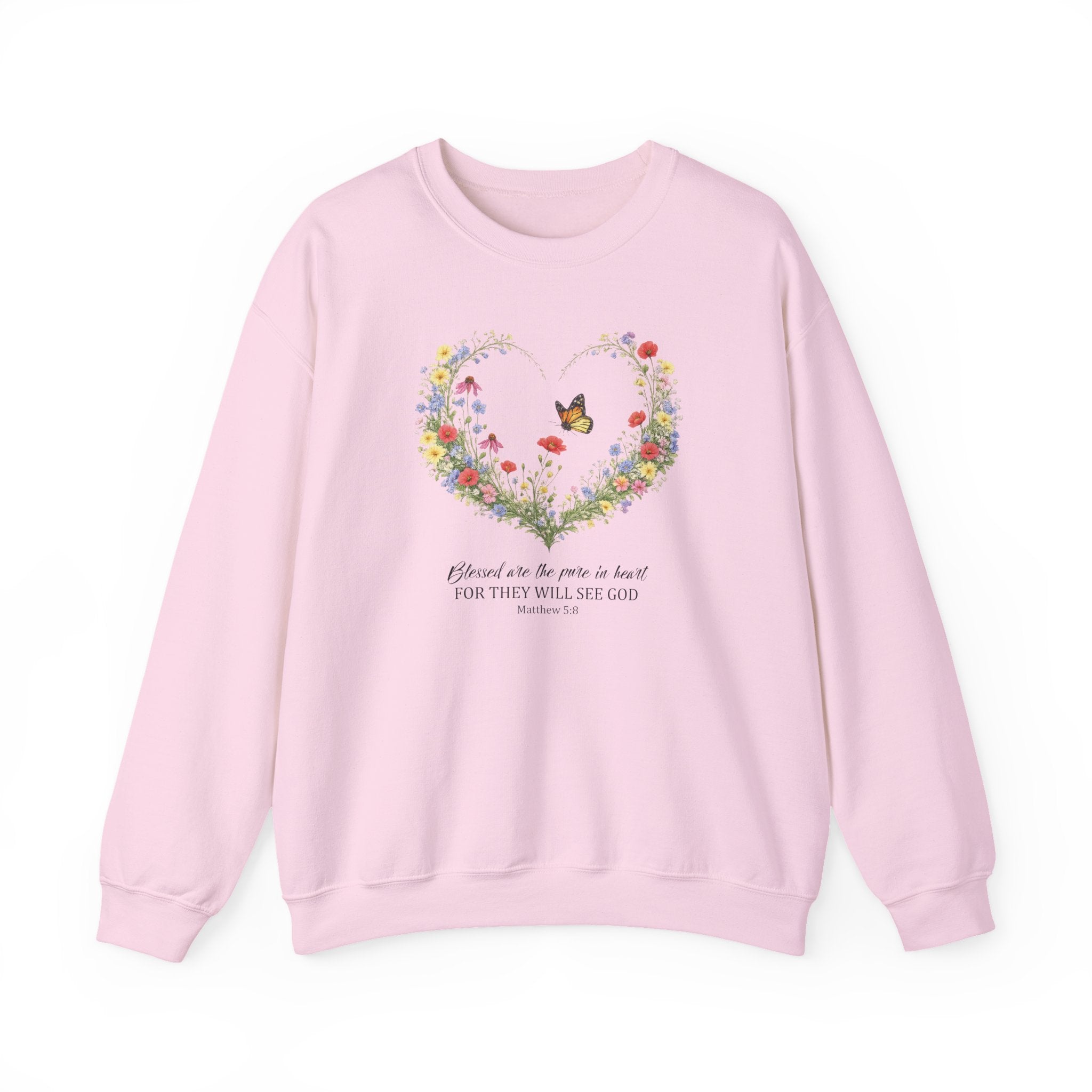 Floral Heart Wreath with Butterfly Crewneck Sweatshirt | Inspirational Scripture Quote