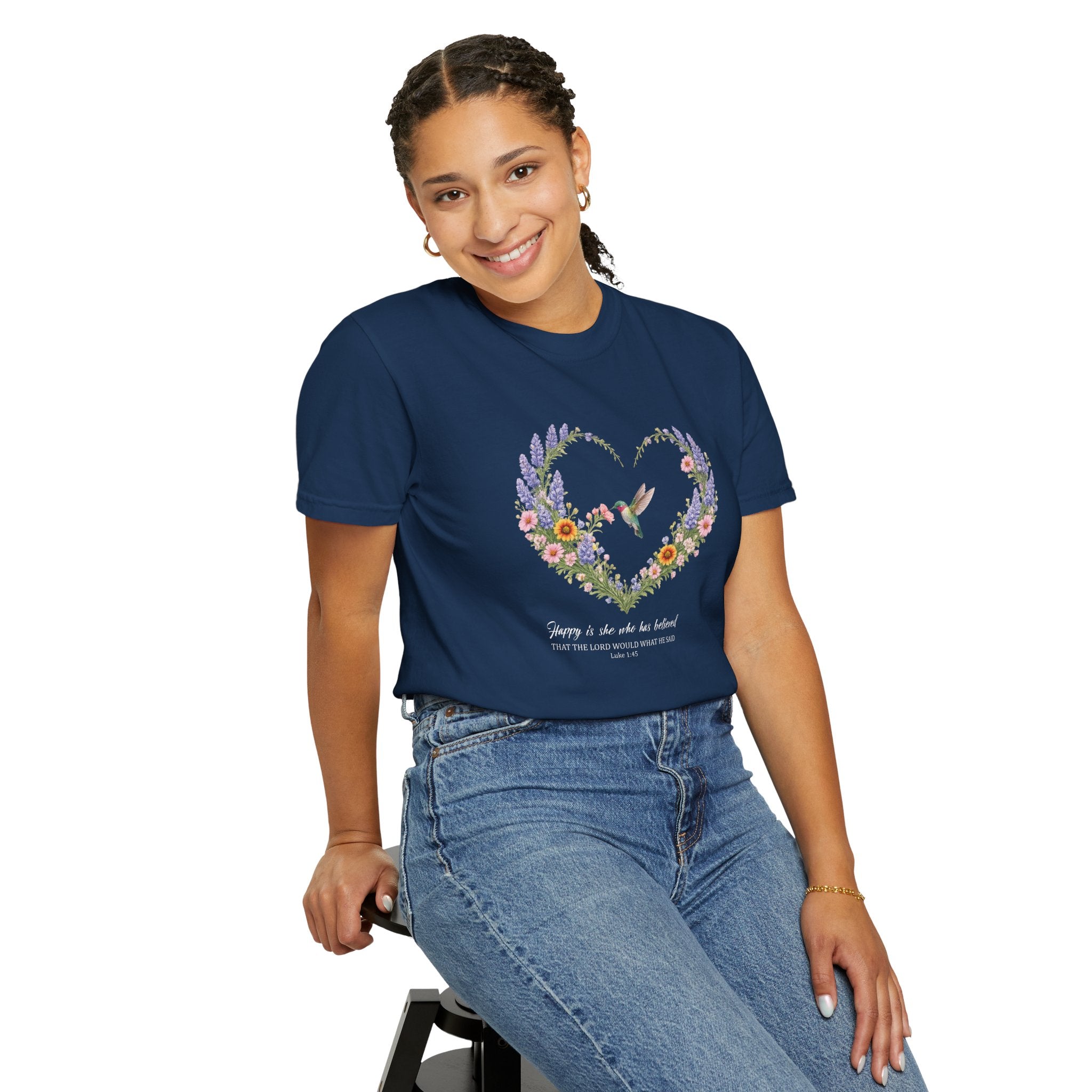 Happy Is She Who Has Believed Floral Tee, Luke 1:45 Shirt, Faith Shirt, Christian Women Gift, Wildflower Heart, Redeemed Faith Apparel