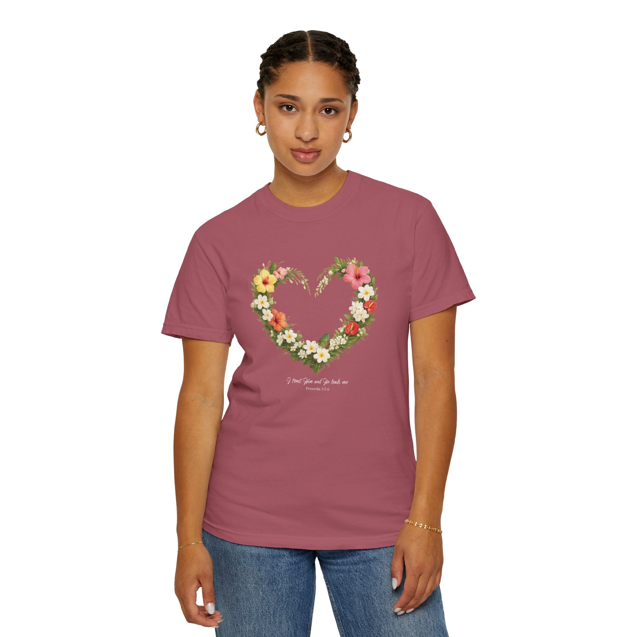 I Trust Him Floral Heart Christian Shirt, 2 Timothy 1:7 T-Shirt, Faith Based Gift for Women, Wildflower Heart Tee, Redeemed Faith Apparel