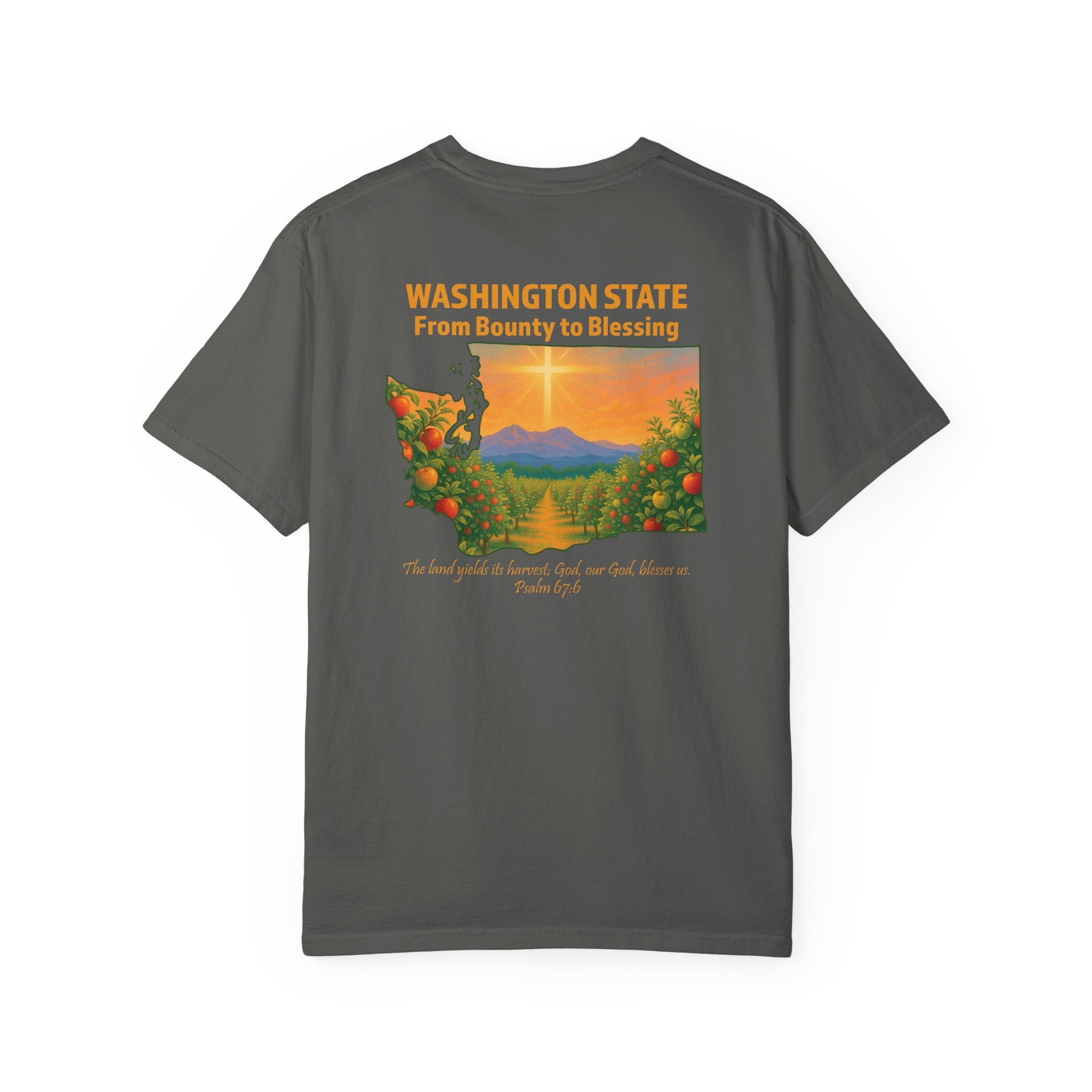 WA-From Bounty to Blessing, Psalm 67:6, Washington Apple Orchard T-shirt, Cross Faith Tee, God Bless America Collection, Redeemed Faith