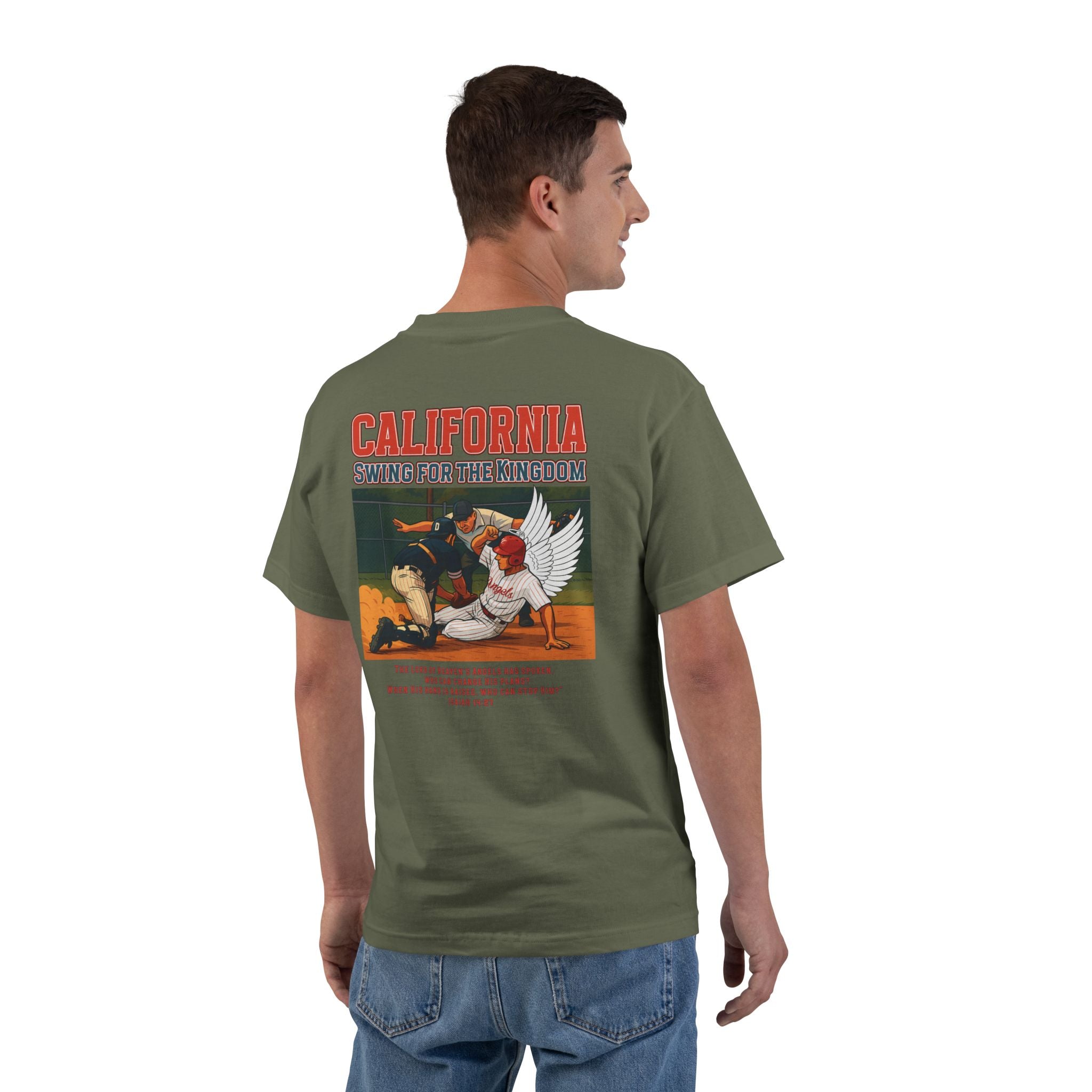 CA-Angels Swing for the Kingdom Christian Baseball Shirt, Isaiah 1427, Faith Sports Tee, Redeemed Faith Apparel God Bless America Collection