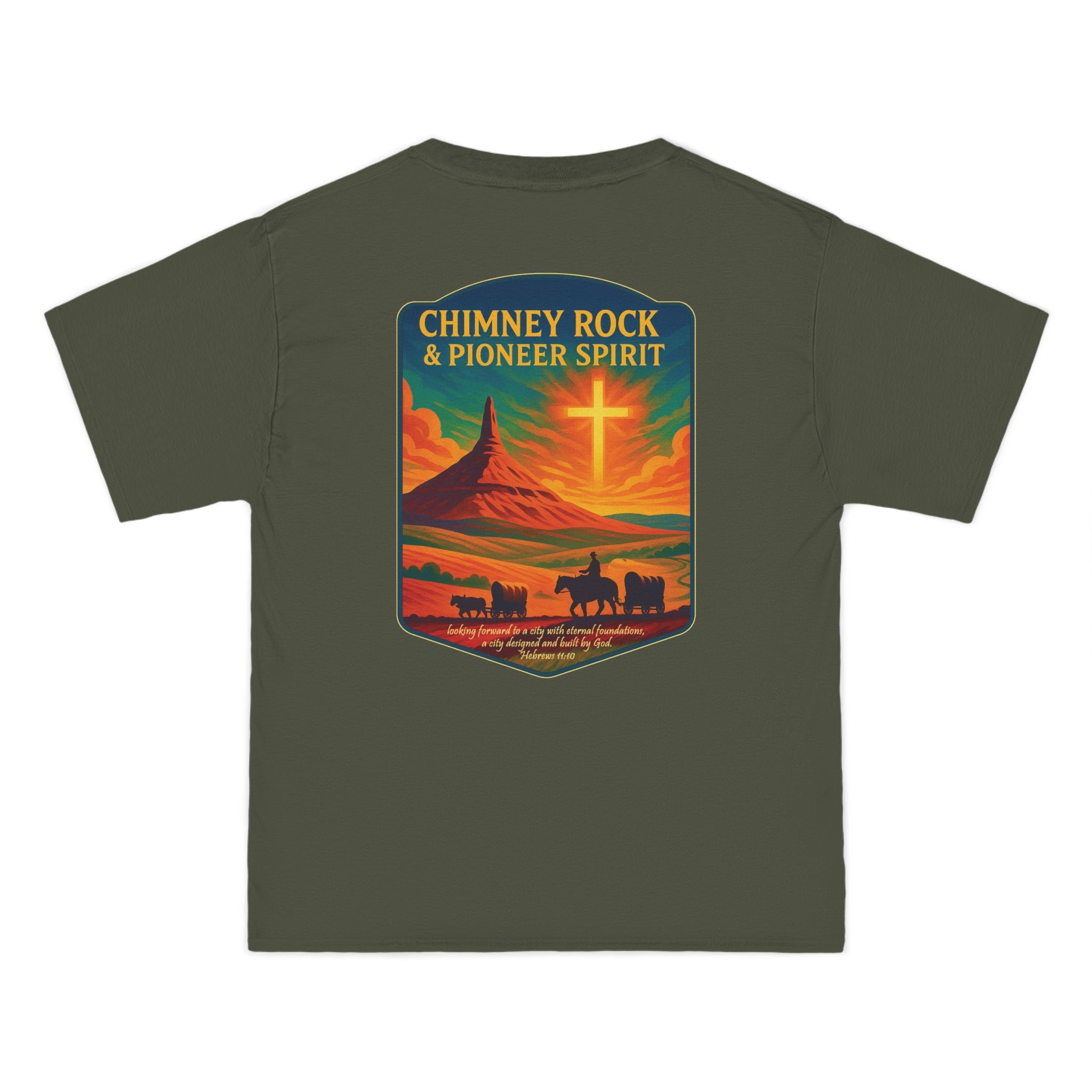 NB-Chimney Rock Pioneer Spirit Shirt, Nebraska Christian Tee, Wagon Trail, Hebrews 11:10, Frontier Apparel, God Bless America Collection