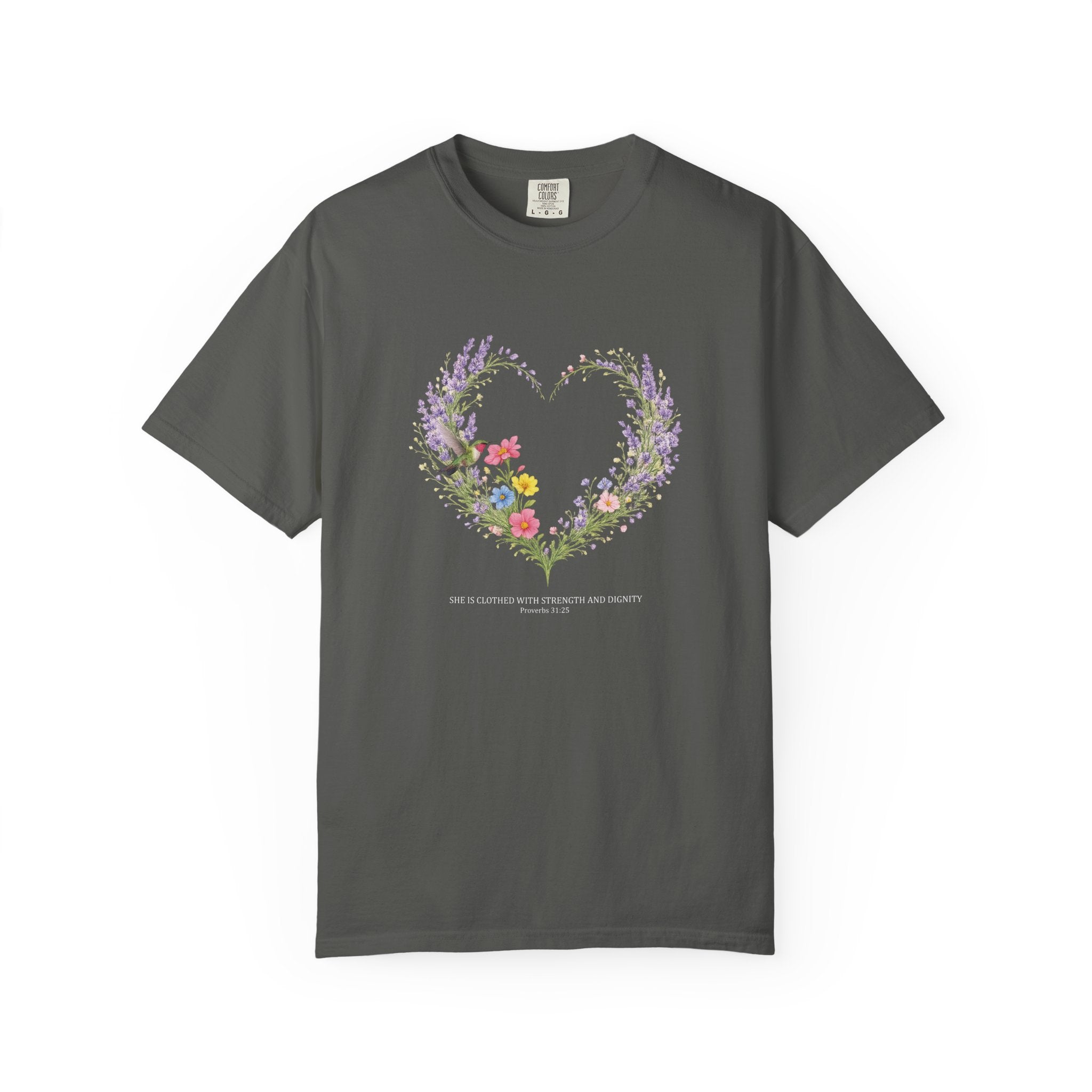She Is Clothed With Strength And Dignity Floral Tee, Proverbs 31:25 Shirt, Christian Women Gift, Wildflower Heart, Redeemed Faith Apparel