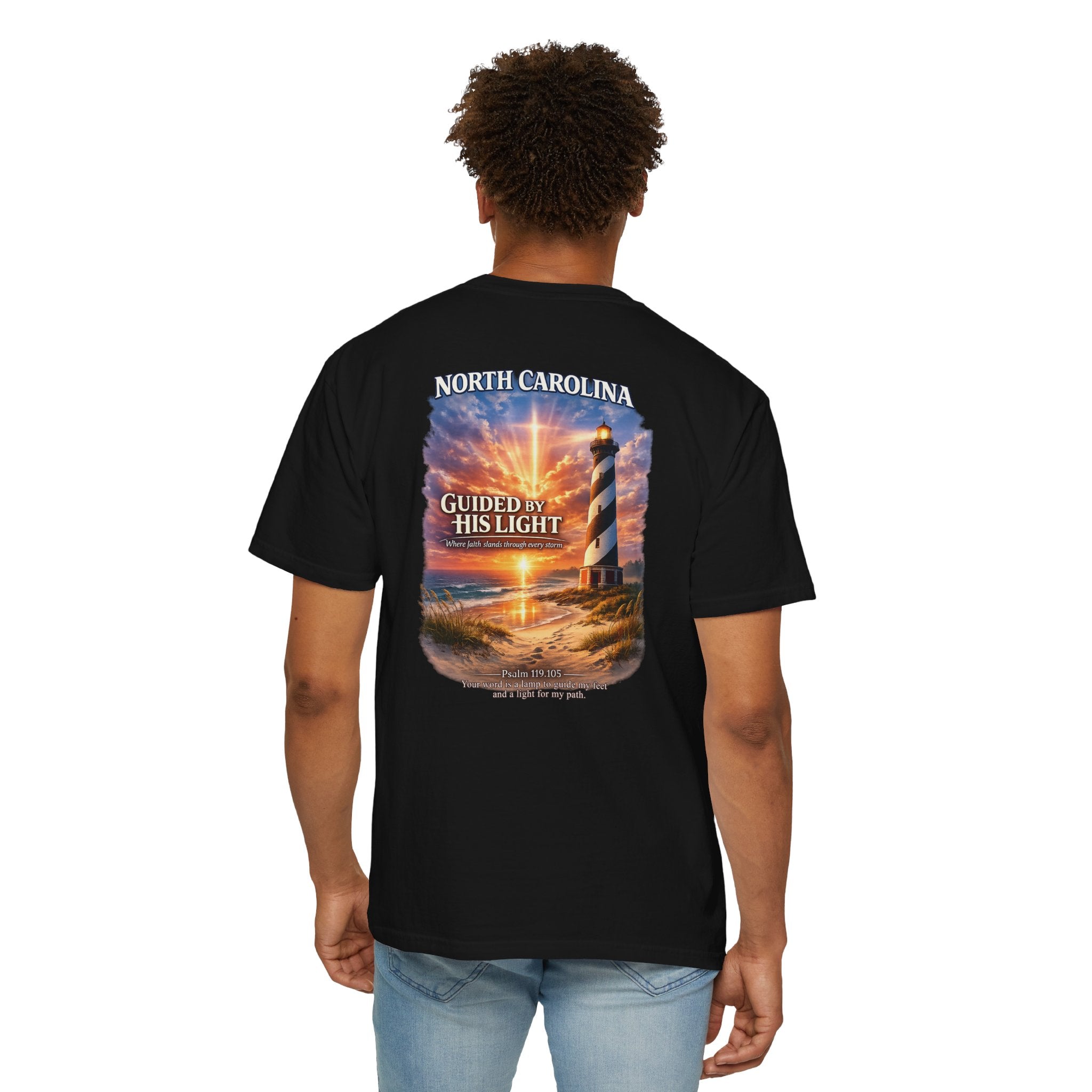 NC-North Carolina Guided by His Light Christian T Shirt, Lighthouse Faith Tee, Psalm 119:105 Shirt, God Bless America Collection