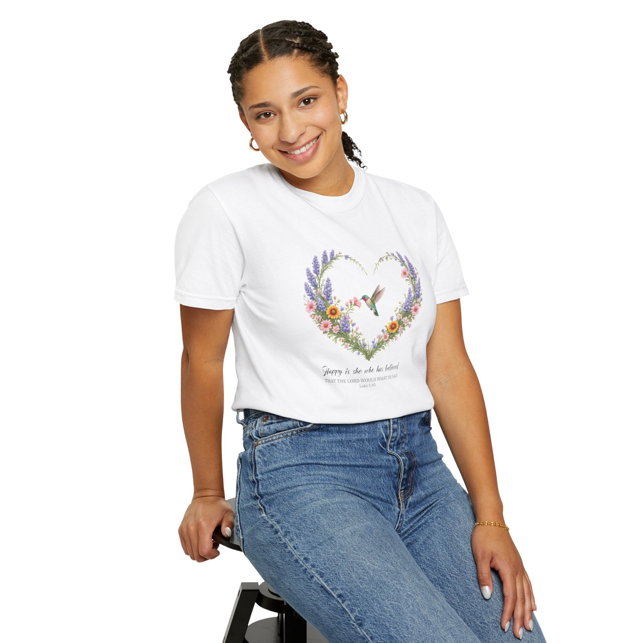 Happy Is She Who Has Believed Floral Tee, Luke 1:45 Shirt, Faith Shirt, Christian Women Gift, Wildflower Heart, Redeemed Faith Apparel