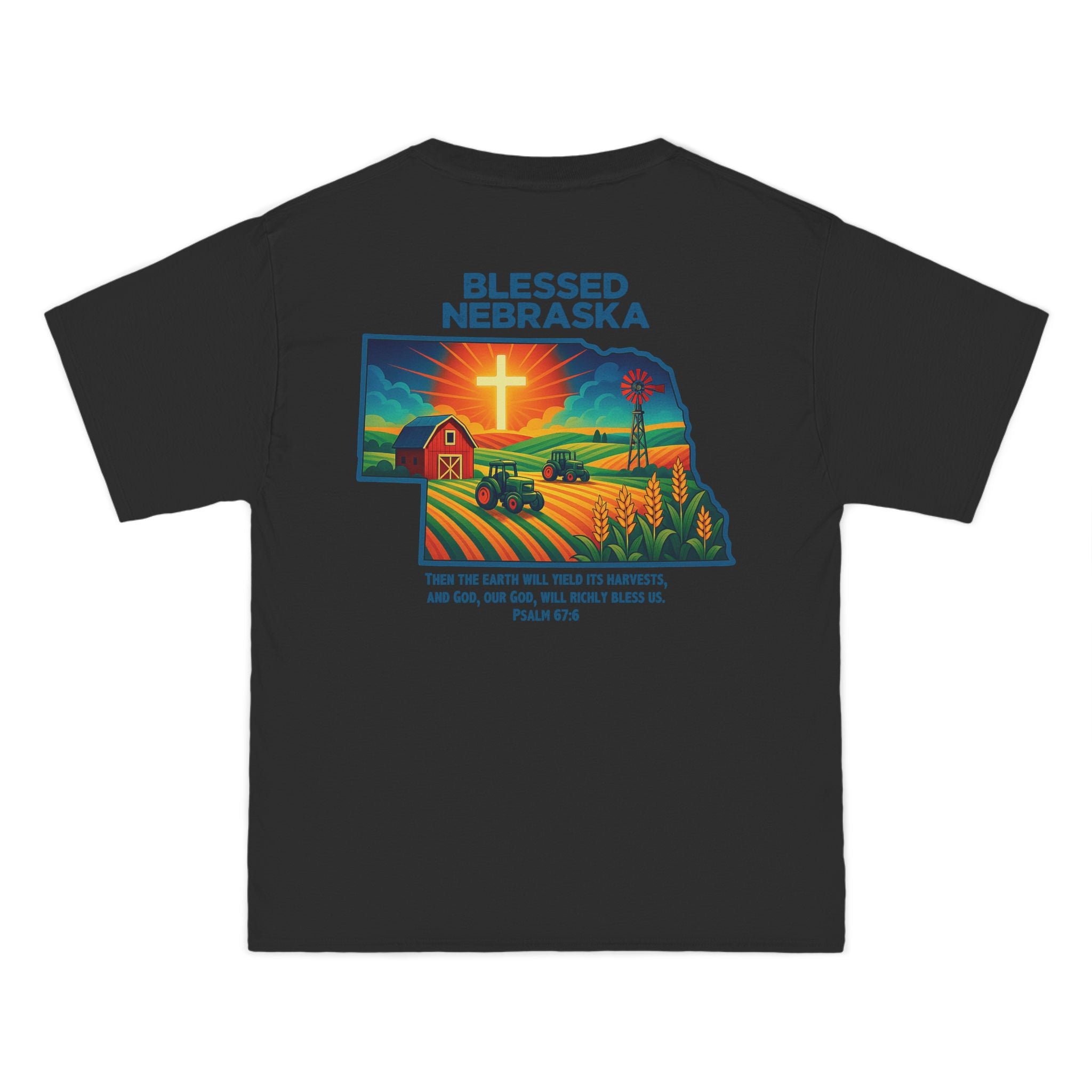 NB-Blessed Nebraska Christian Shirt, Psalm 67:6 Tee, Farm Cross Tractor Sunset T-shirt, Faith Midwest Apparel, God Bless America Collection