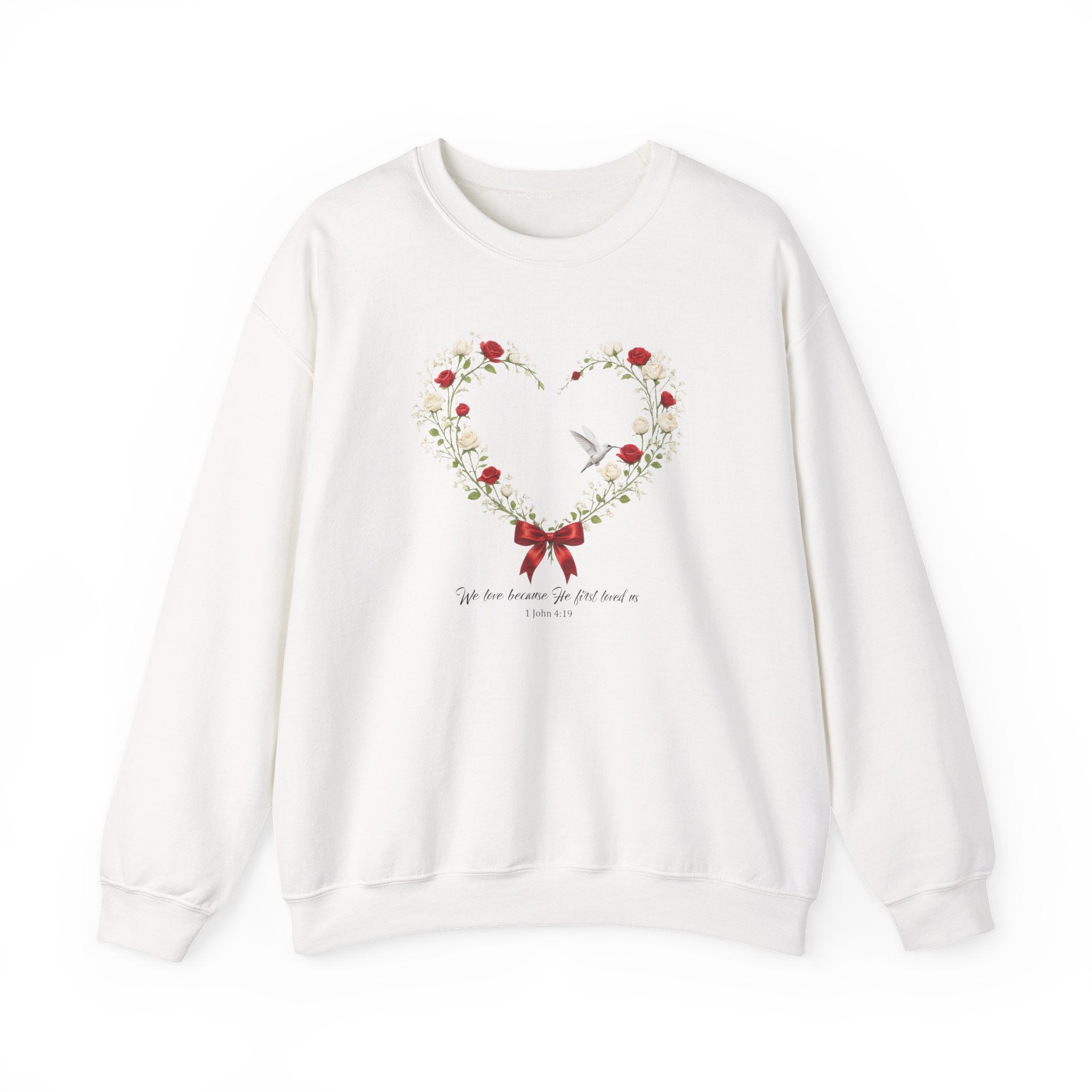Christian Wildflower Heart Sweatshirt, 1 John 4:19 Floral  Faith Sweatshirt, Rose Hummingbird Womens Gift, Redeemed Faith Apparel, Boho Top