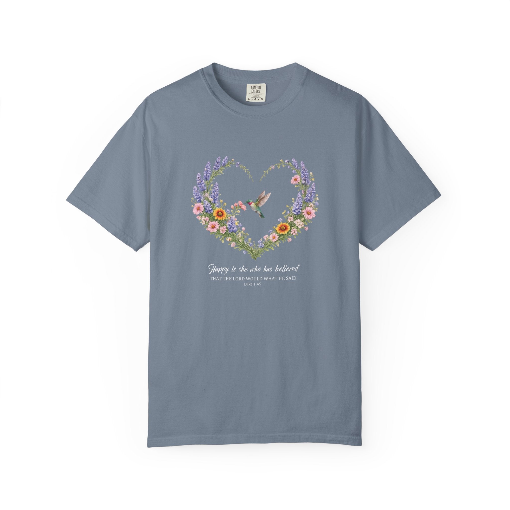 Happy Is She Who Has Believed Floral Tee, Luke 1:45 Shirt, Faith Shirt, Christian Women Gift, Wildflower Heart, Redeemed Faith Apparel