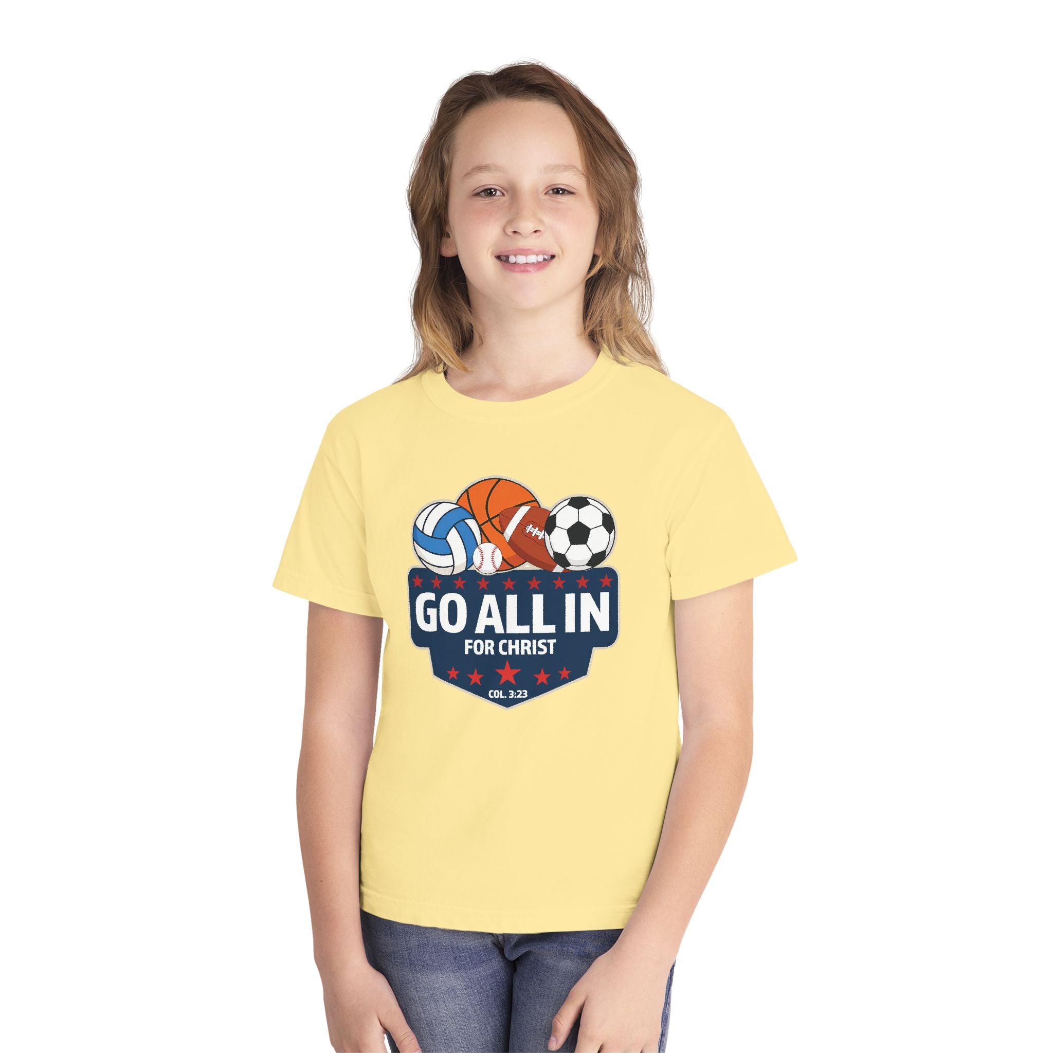 Go All In for Christ Youth T-Shirt, Christian Sports Shirt, Colossians 3:23 Shirt, Youth Athlete Shirt, Faith Sports Tee, Unisex Faith Shirt