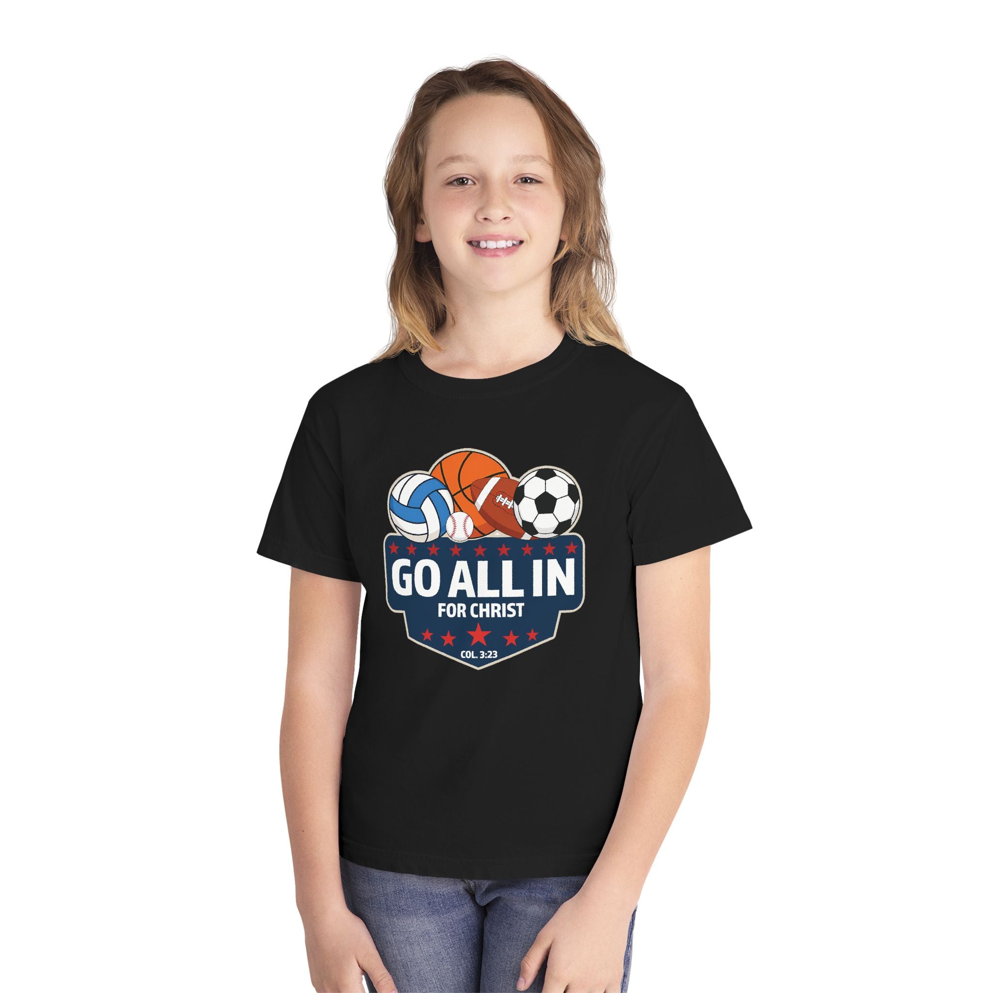 Go All In for Christ Youth T-Shirt, Christian Sports Shirt, Colossians 3:23 Shirt, Youth Athlete Shirt, Faith Sports Tee, Unisex Faith Shirt