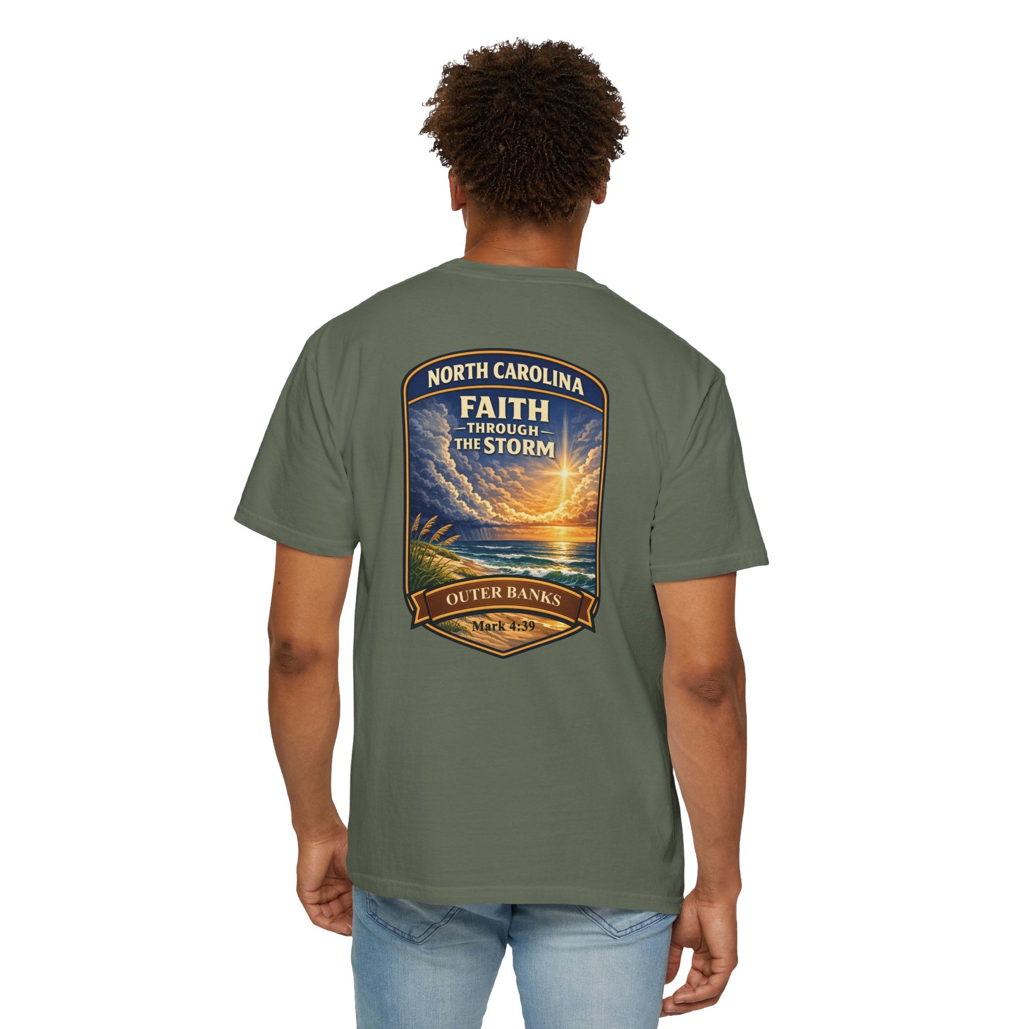NC-North Carolina Outer Banks Faith Through the Storm Christian T Shirt, Mark 4:39 Tee, Coastal Faith Shirt, God Bless America Collection