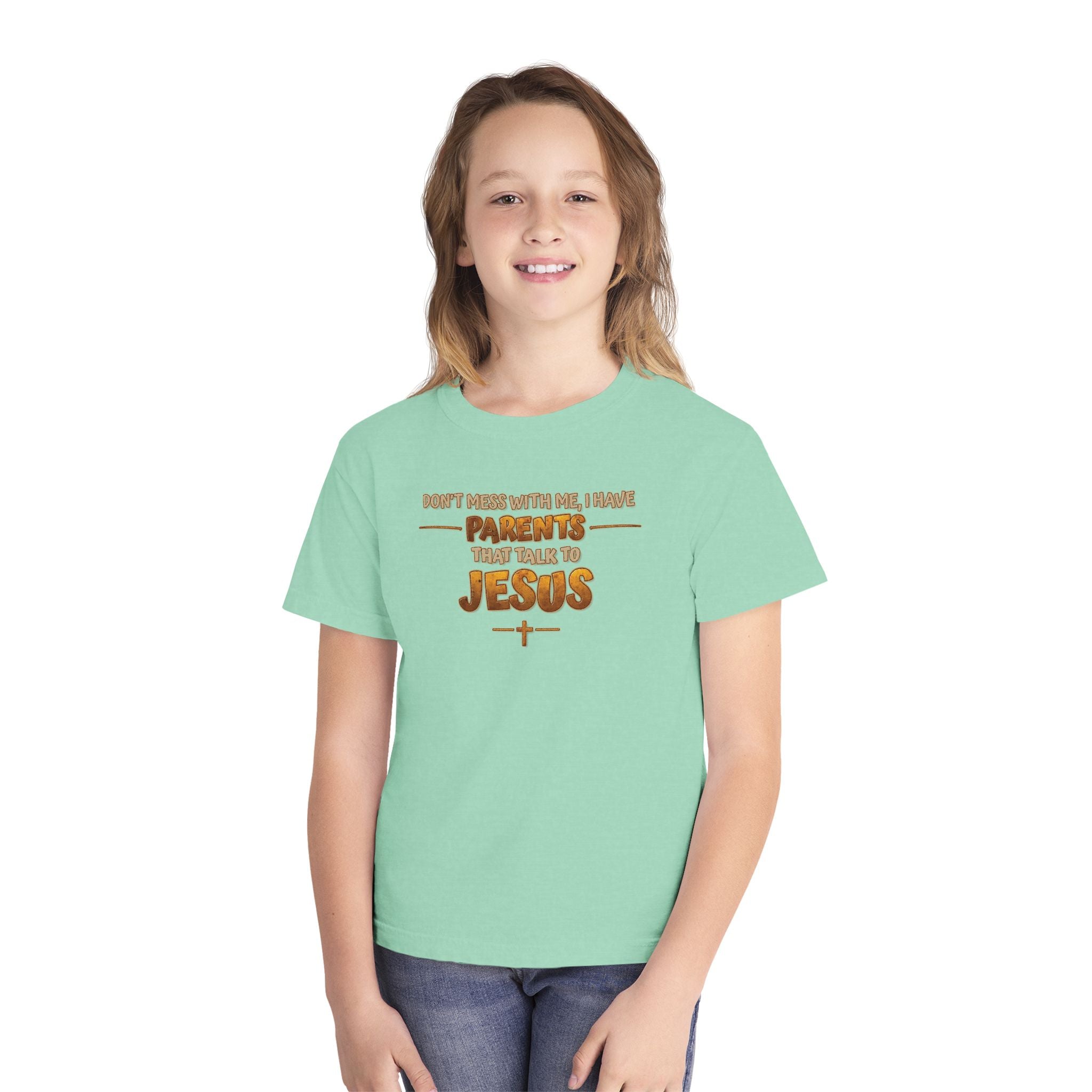Don't Mess With Me I Have Parents That Talk To Jesus, Faith Youth Shirt, Bible Humor Tee, Christian Gift Kids, Funny Christian Youth Shirt