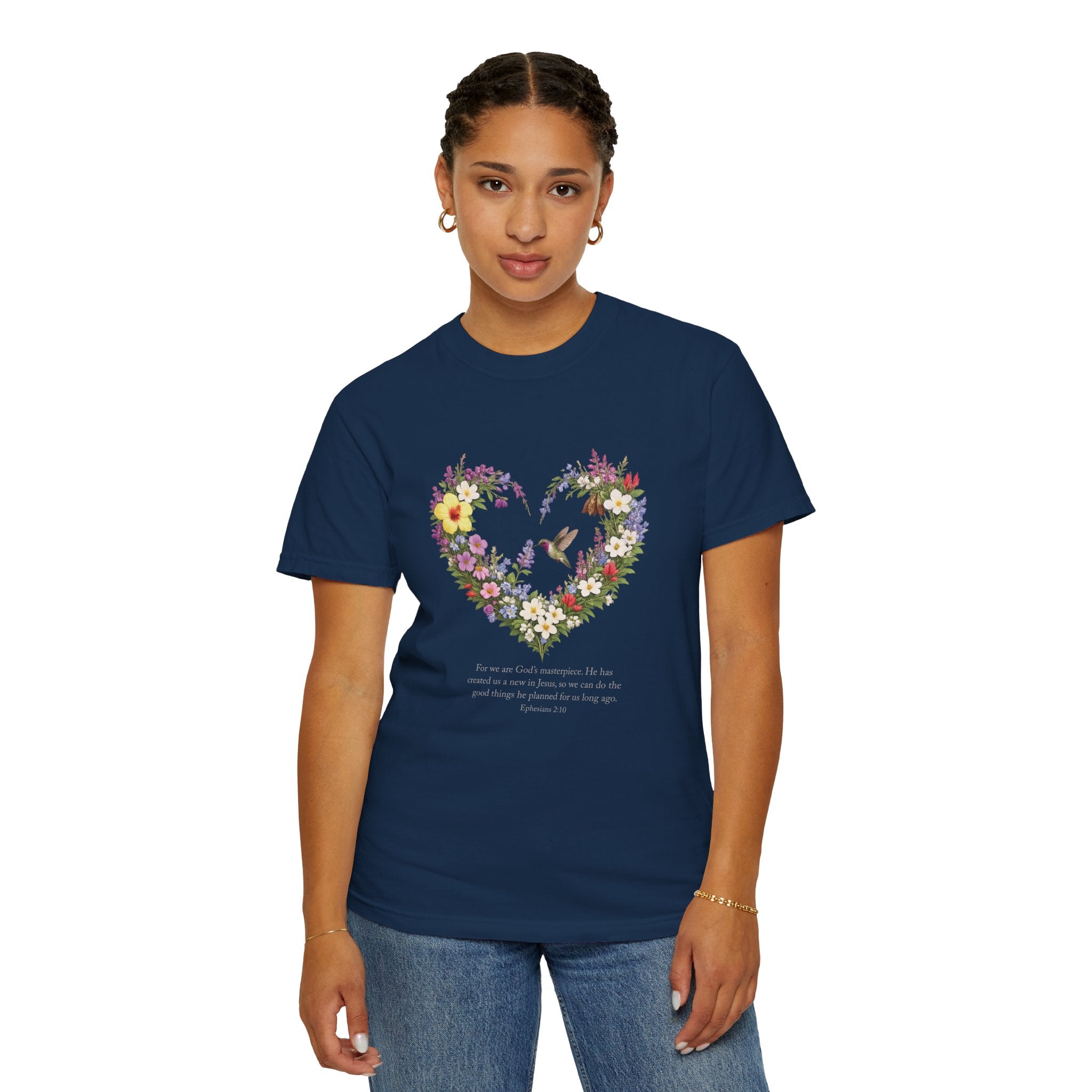 Gods Masterpiece Floral Heart T-shirt, Ephesians 2:10 Christian Shirt, Christian Women Gift, Wildflower Heart, Redeemed Faith Apparel