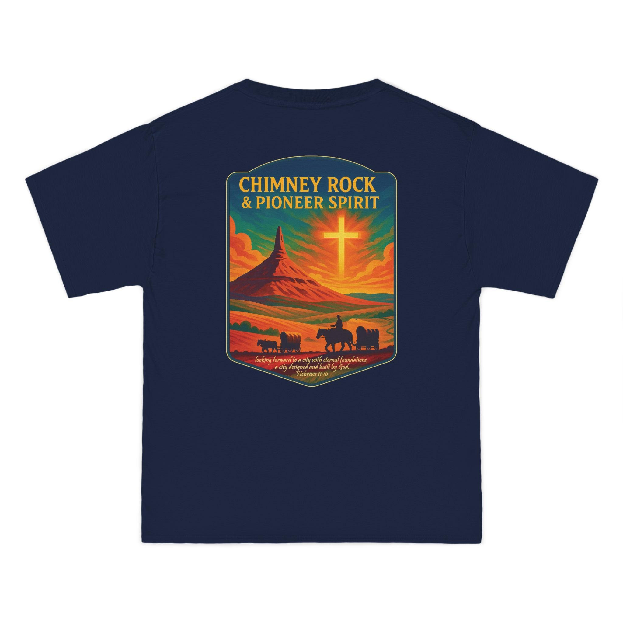 NB-Chimney Rock Pioneer Spirit Shirt, Nebraska Christian Tee, Wagon Trail, Hebrews 11:10, Frontier Apparel, God Bless America Collection