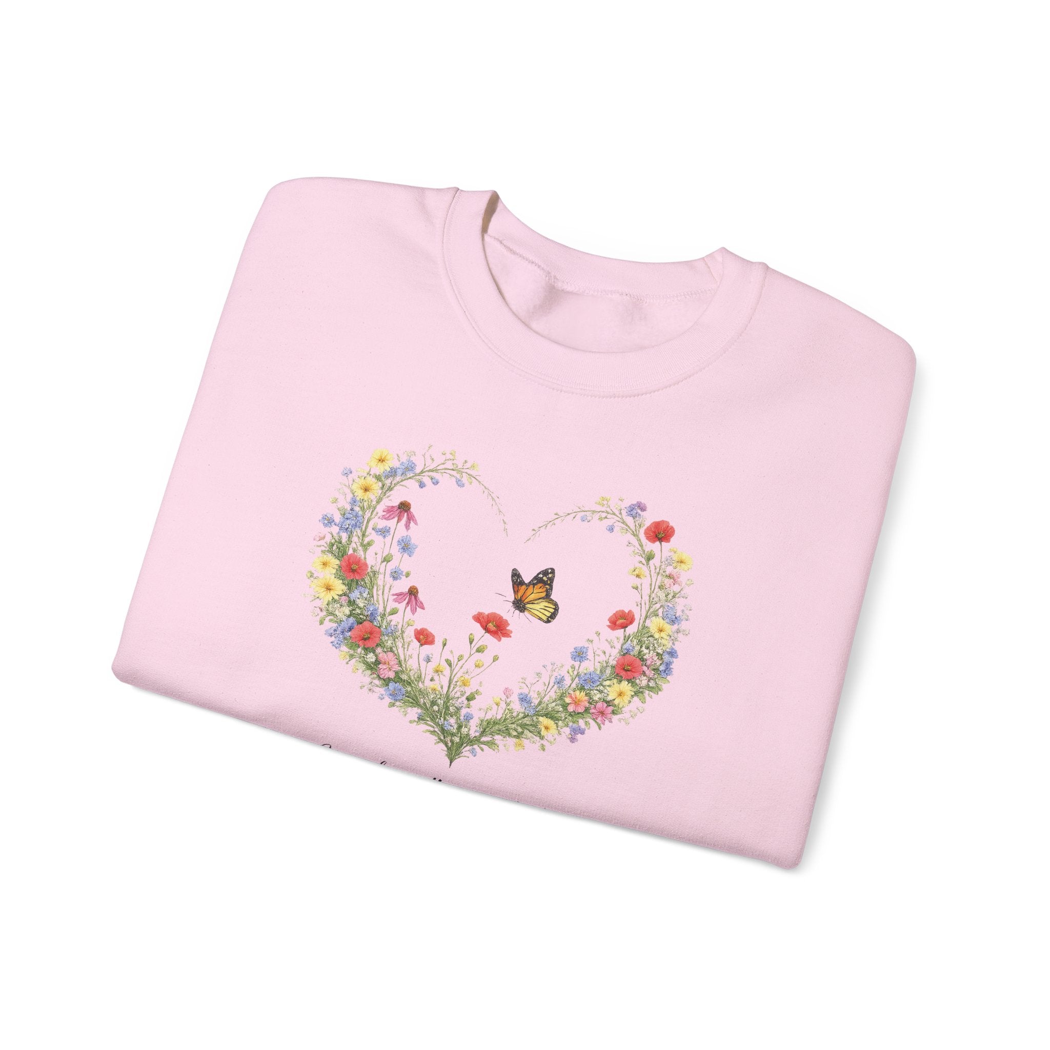 Floral Heart Wreath with Butterfly Crewneck Sweatshirt | Inspirational Scripture Quote