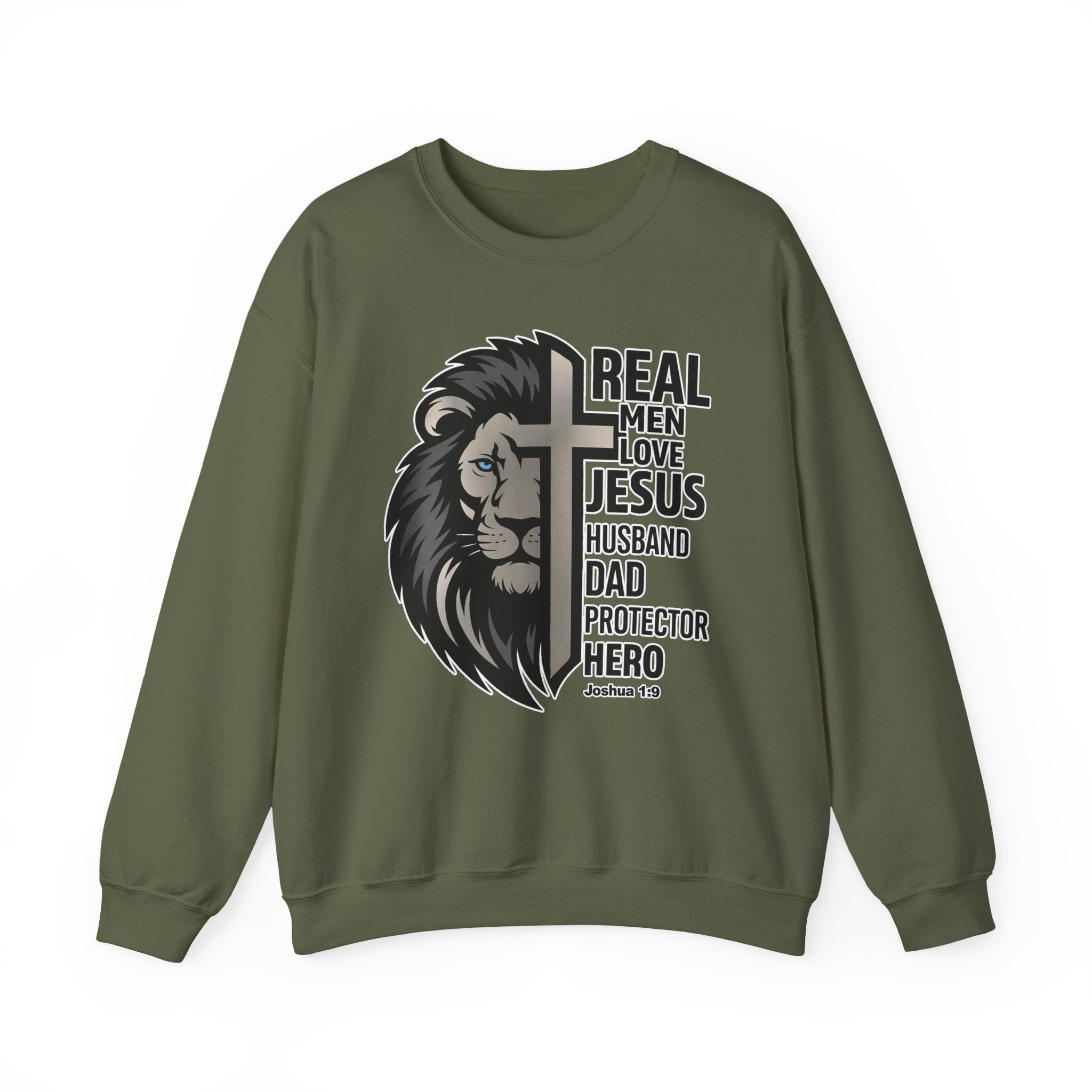 Real Men Love Jesus Lion Christian Crewneck Sweatshirt, Husband Dad Protector Hero Faith Pullover, Christian Sweater, Redeemed Faith Apparel
