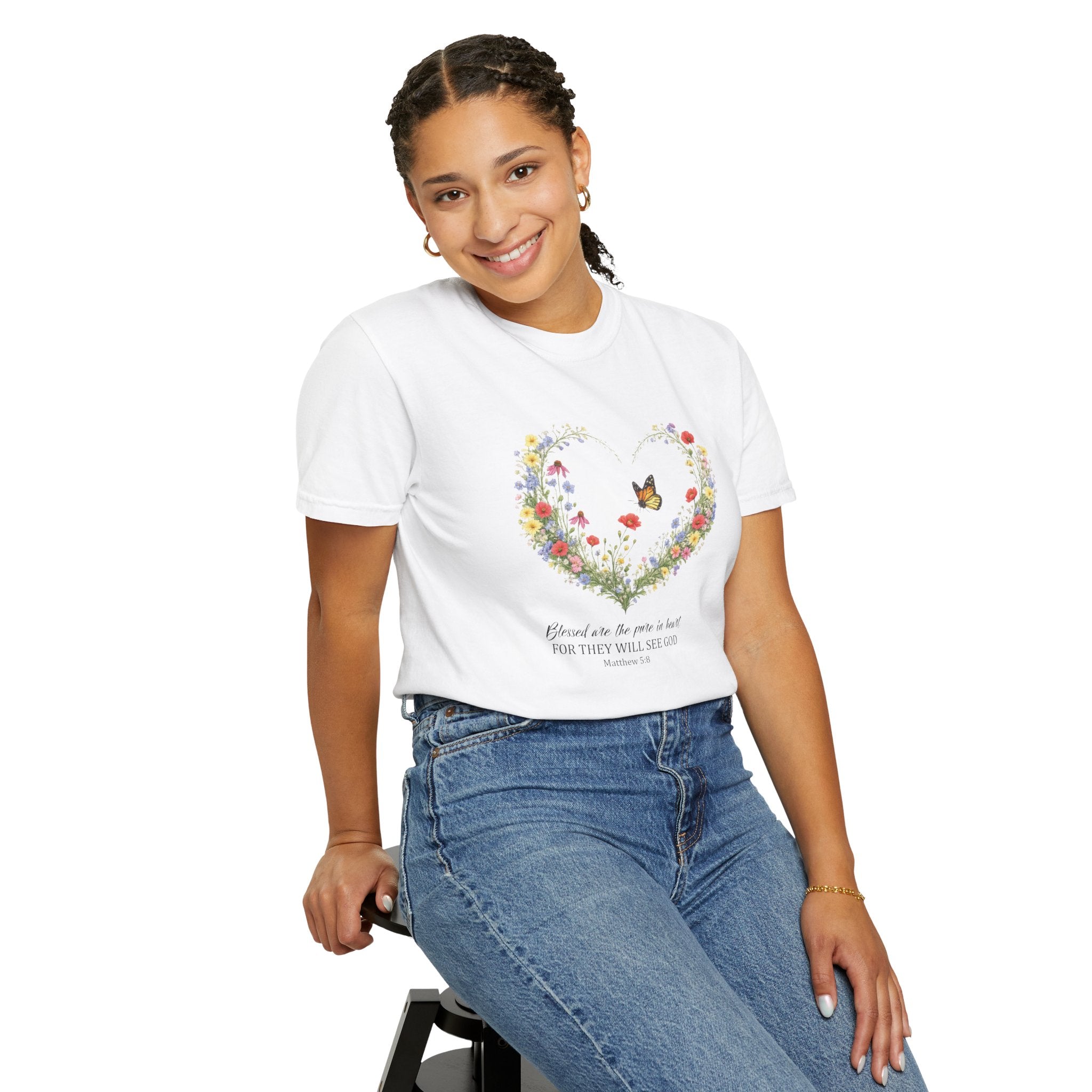 Blessed Are The Pure In Heart Floral Tee, Matthew 5:8 Christian Shirt, Christian Women Gift, Wildflower Heart, Redeemed Faith Apparel
