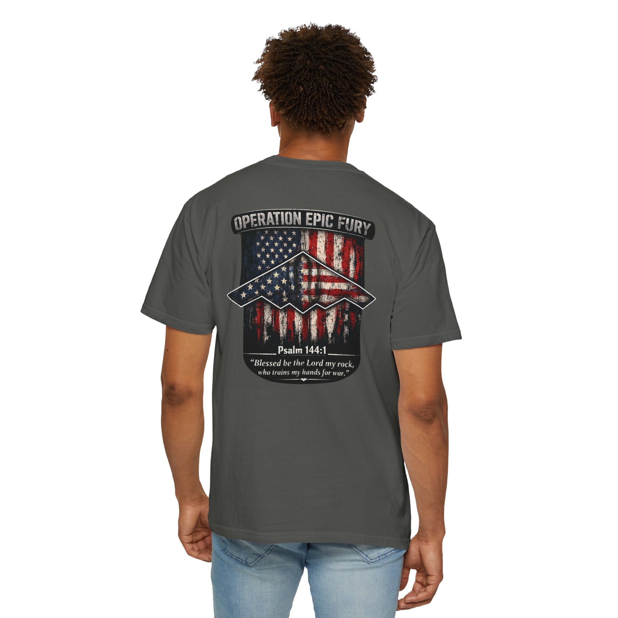Operation Epic Fury Christian Shirt, Psalm 144:1 Patriotic Tee, Faith and Freedom Shirt, American Flag Bomber Shirt, Redeemed Faith Apparel