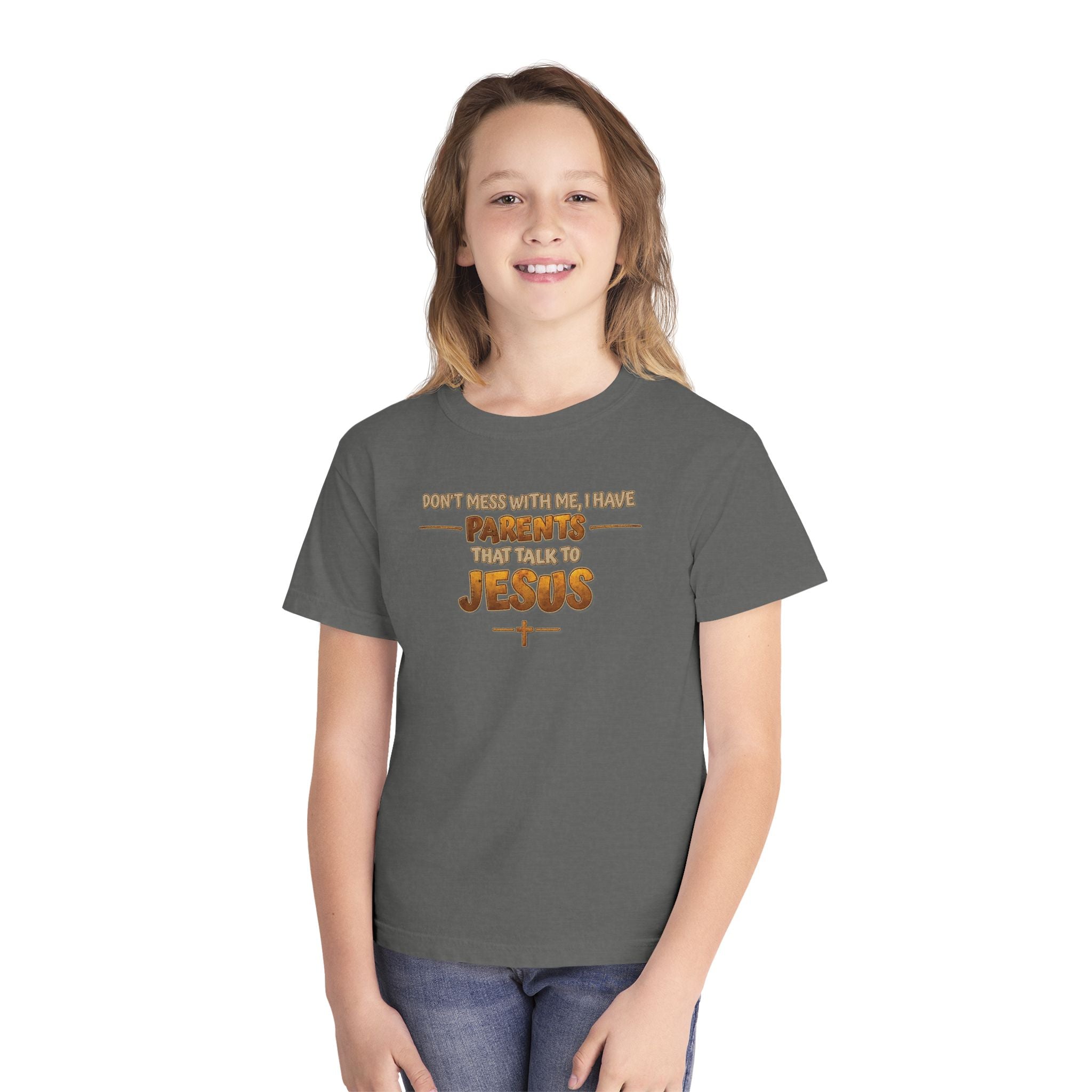 Don't Mess With Me I Have Parents That Talk To Jesus, Faith Youth Shirt, Bible Humor Tee, Christian Gift Kids, Funny Christian Youth Shirt