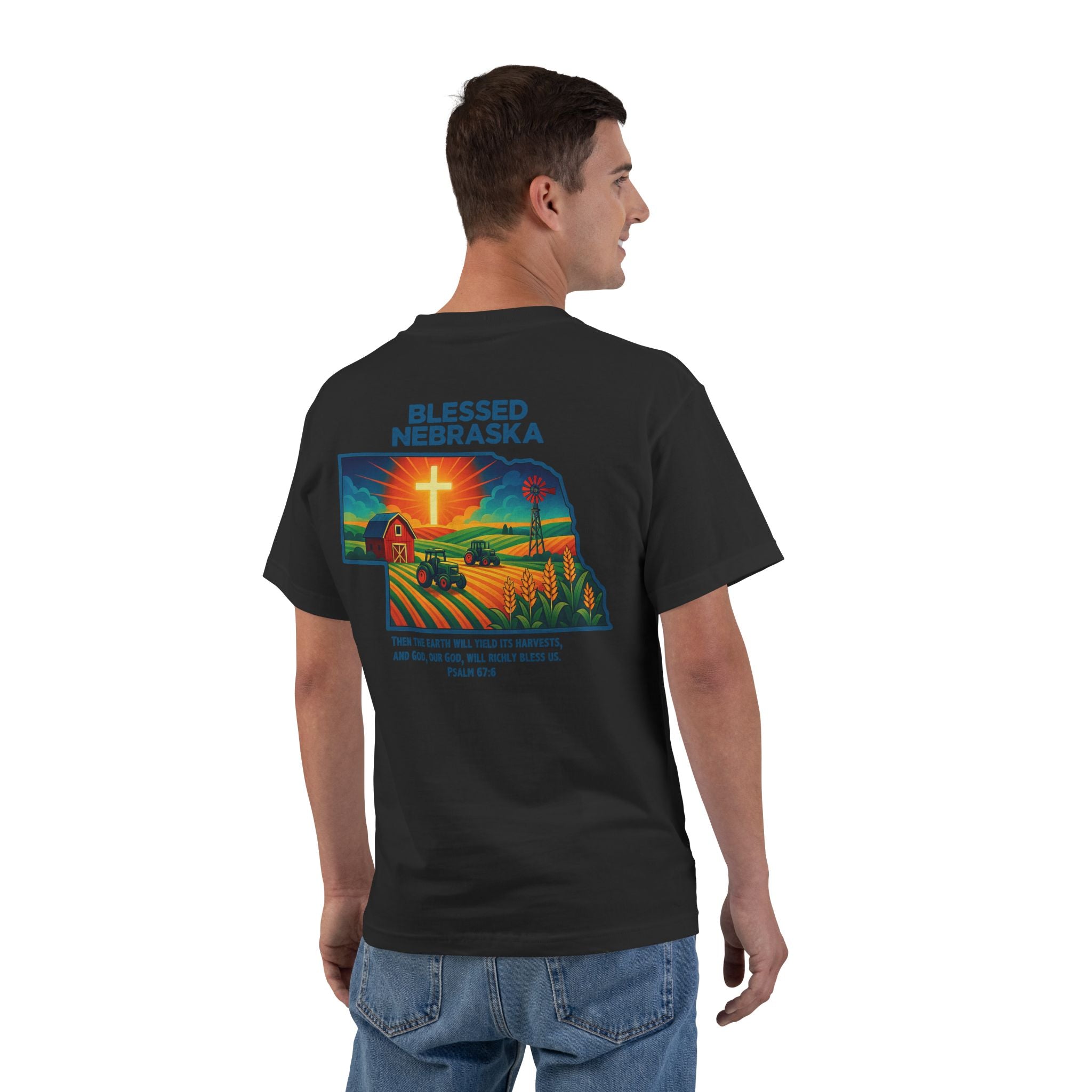 NB-Blessed Nebraska Christian Shirt, Psalm 67:6 Tee, Farm Cross Tractor Sunset T-shirt, Faith Midwest Apparel, God Bless America Collection