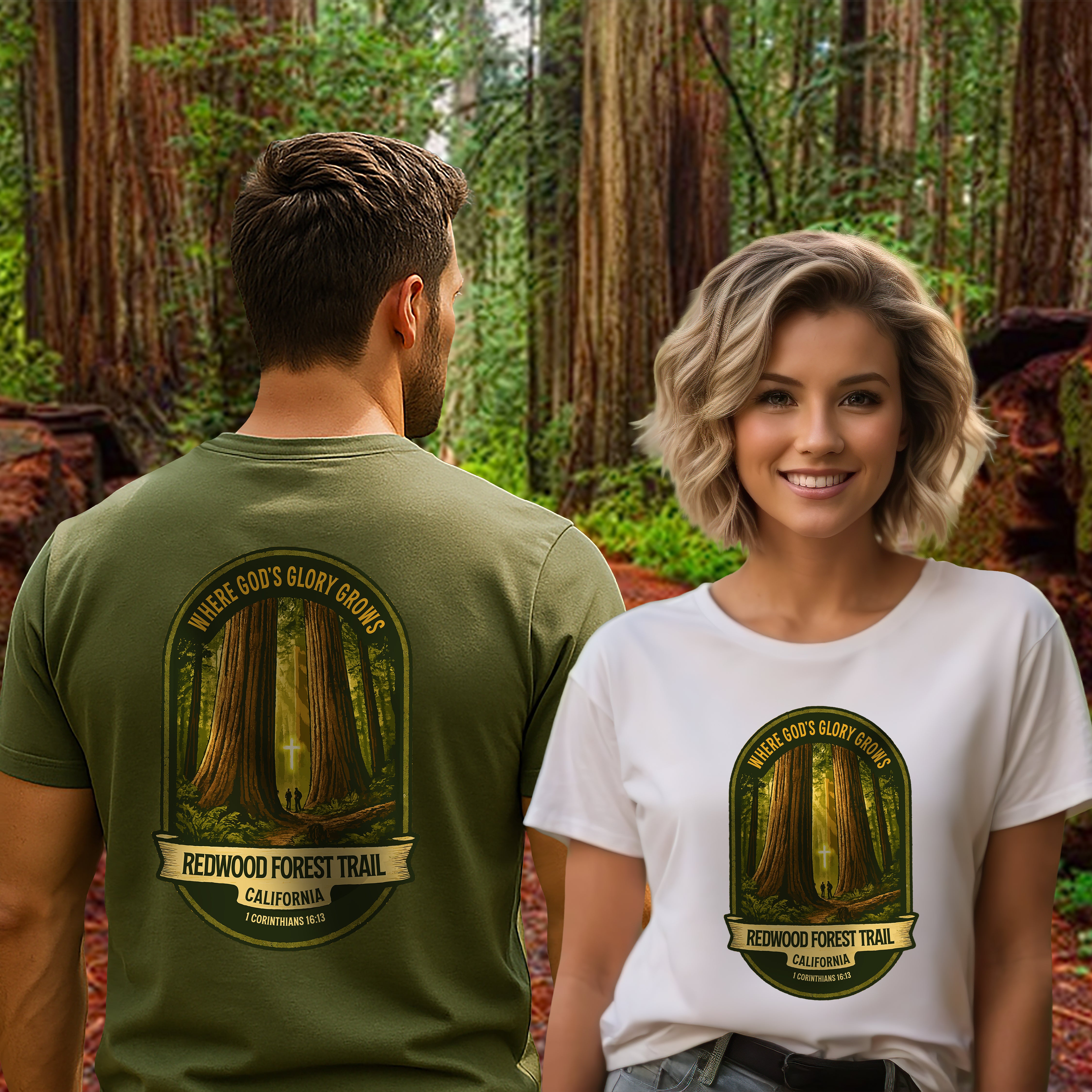 CA-Redwood Forest Trail Christian Shirt, California Hiking, Where Gods Glory Grows, 1 Corinthians 1613, God Bless America Collection, NoCal