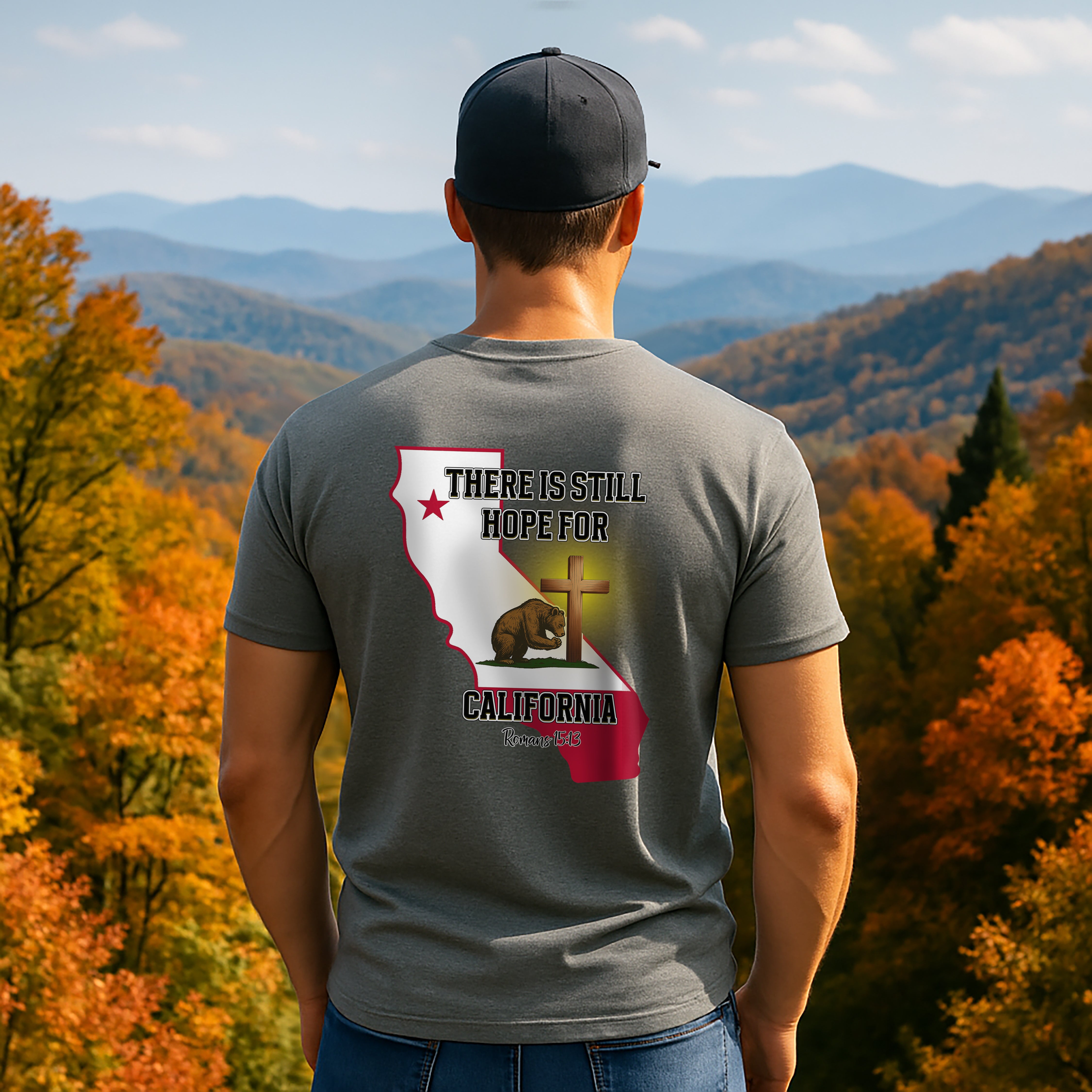 CA-There Is Still Hope for California, Christian Shirt, Romans 1513, Bear and Cross, Redeemed Faith Apparel, God Bless America Collection