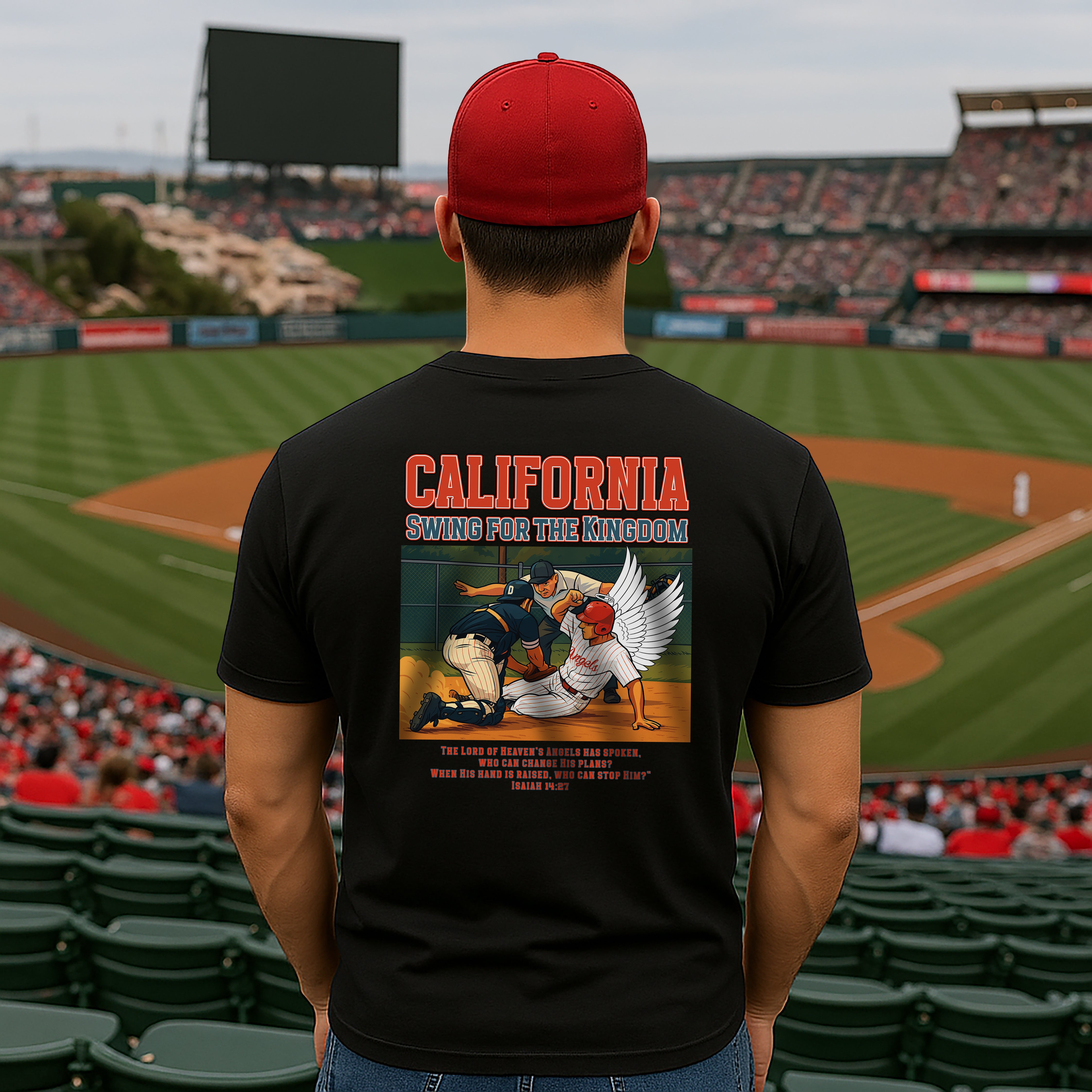 CA-Angels Swing for the Kingdom Christian Baseball Shirt, Isaiah 1427, Faith Sports Tee, Redeemed Faith Apparel God Bless America Collection