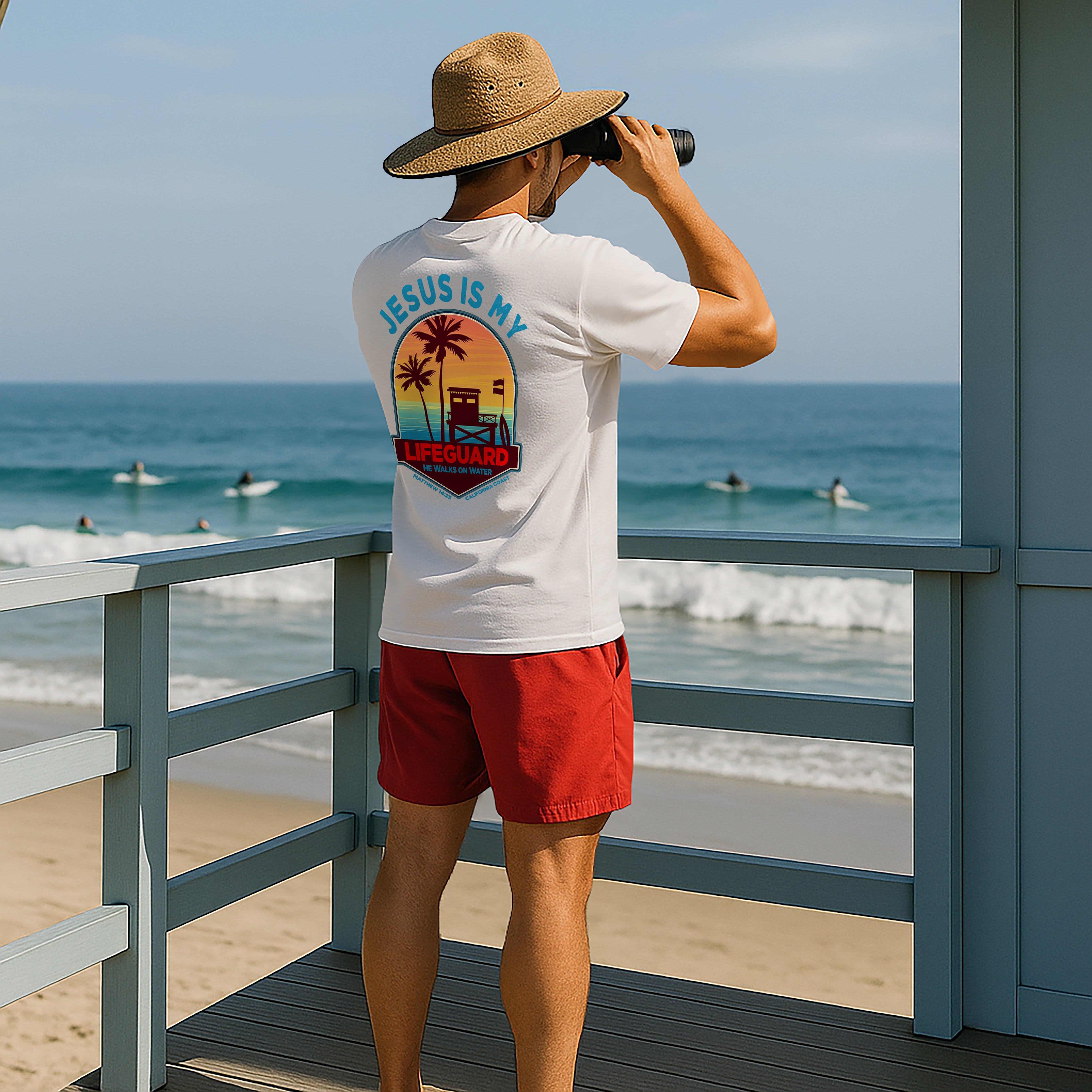 CA-Jesus Is My Lifeguard Shirt, He Walks on Water T-shirt, California Coast, Matthew 1425, Surfing T Shirt, God Bless America Collection