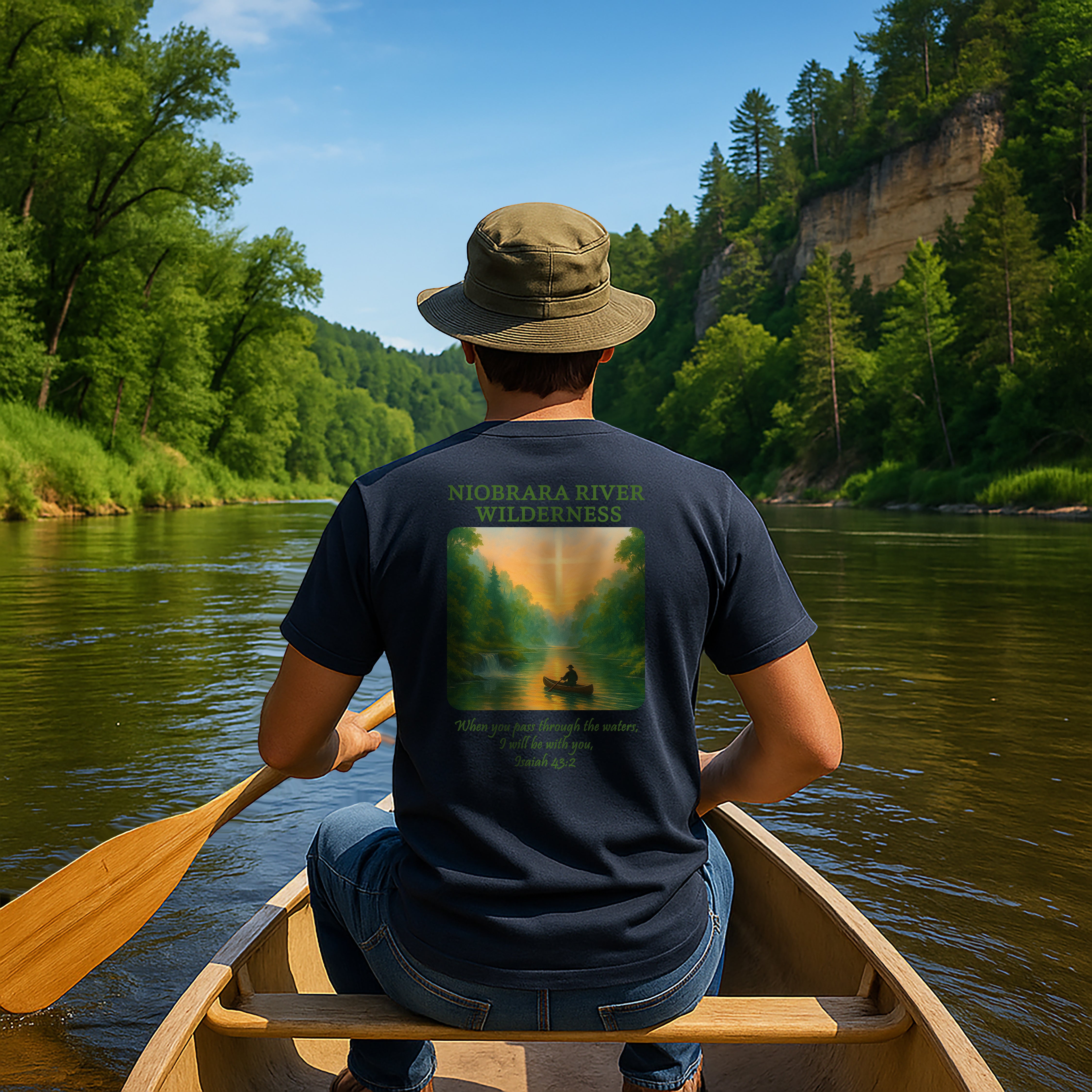 NB-Niobrara River Wilderness Shirt, Isaiah 43:2, Canoe Sunset, Nebraska Christian Tee, Outdoor Faith Apparel, God Bless America Collection