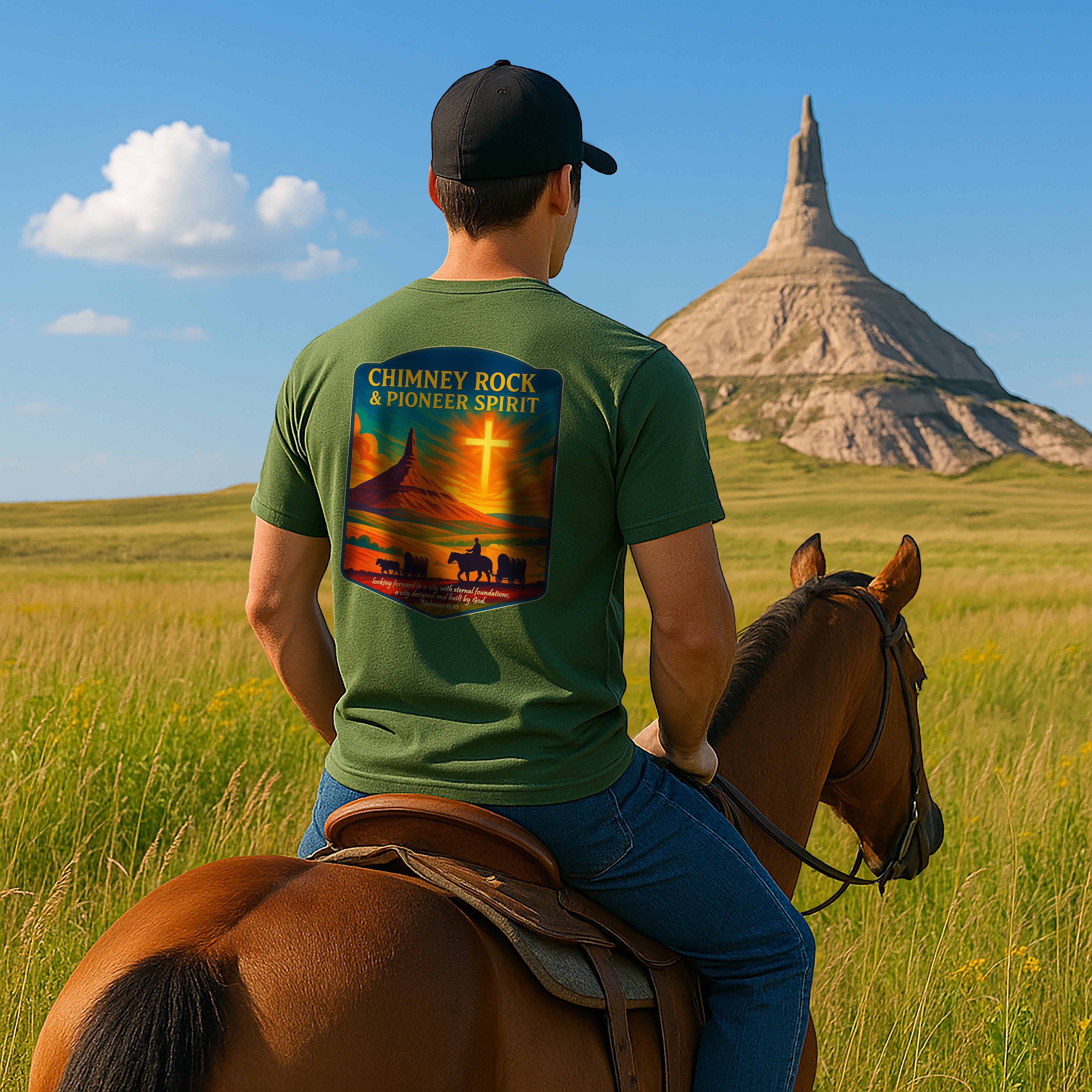 NB-Chimney Rock Pioneer Spirit Shirt, Nebraska Christian Tee, Wagon Trail, Hebrews 11:10, Frontier Apparel, God Bless America Collection