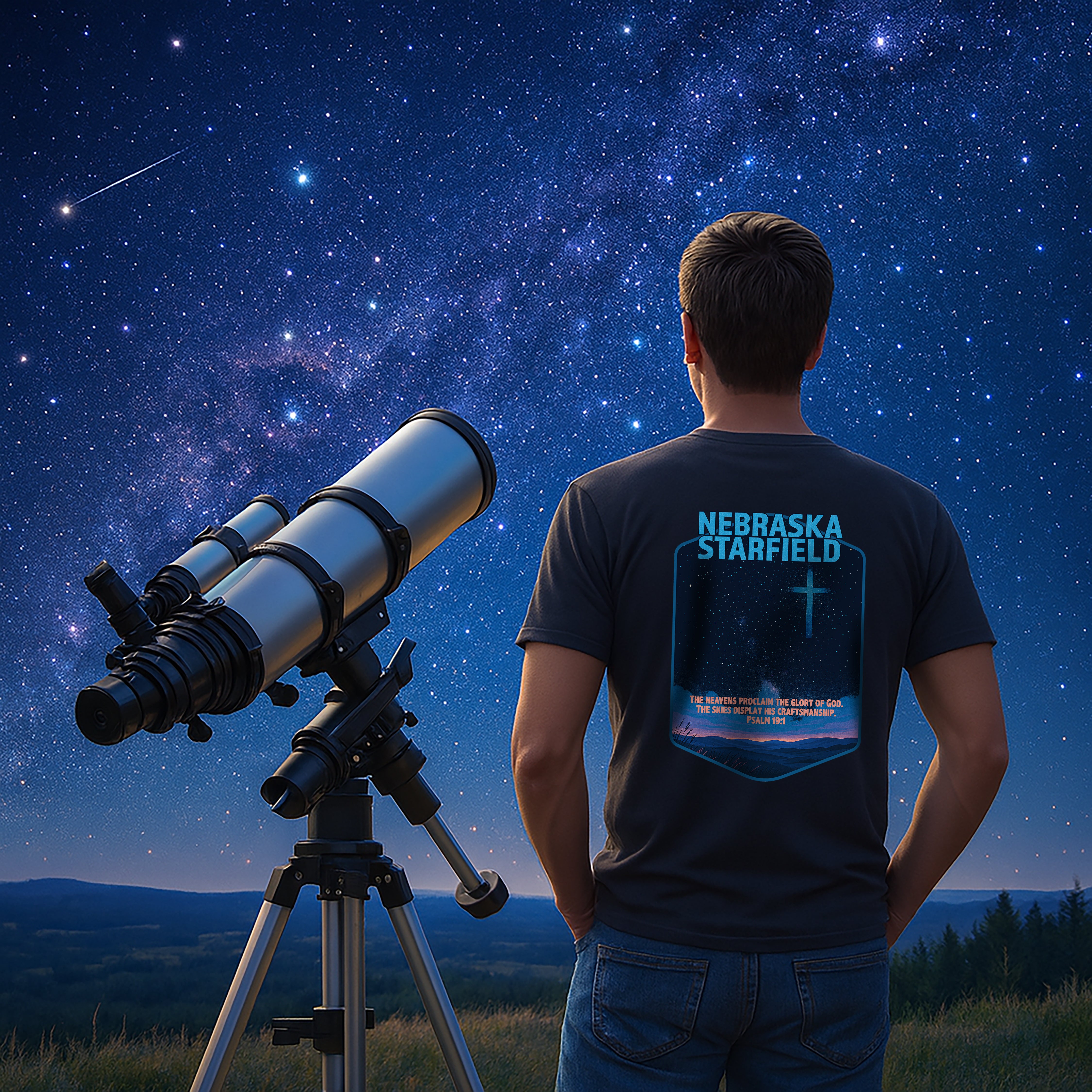 NB-Nebraska Starfield, Christian Shirt, Psalm 19:1, Night Sky, Milky Way T-Shirt, Faith Starlight Apparel, God Bless America Collection