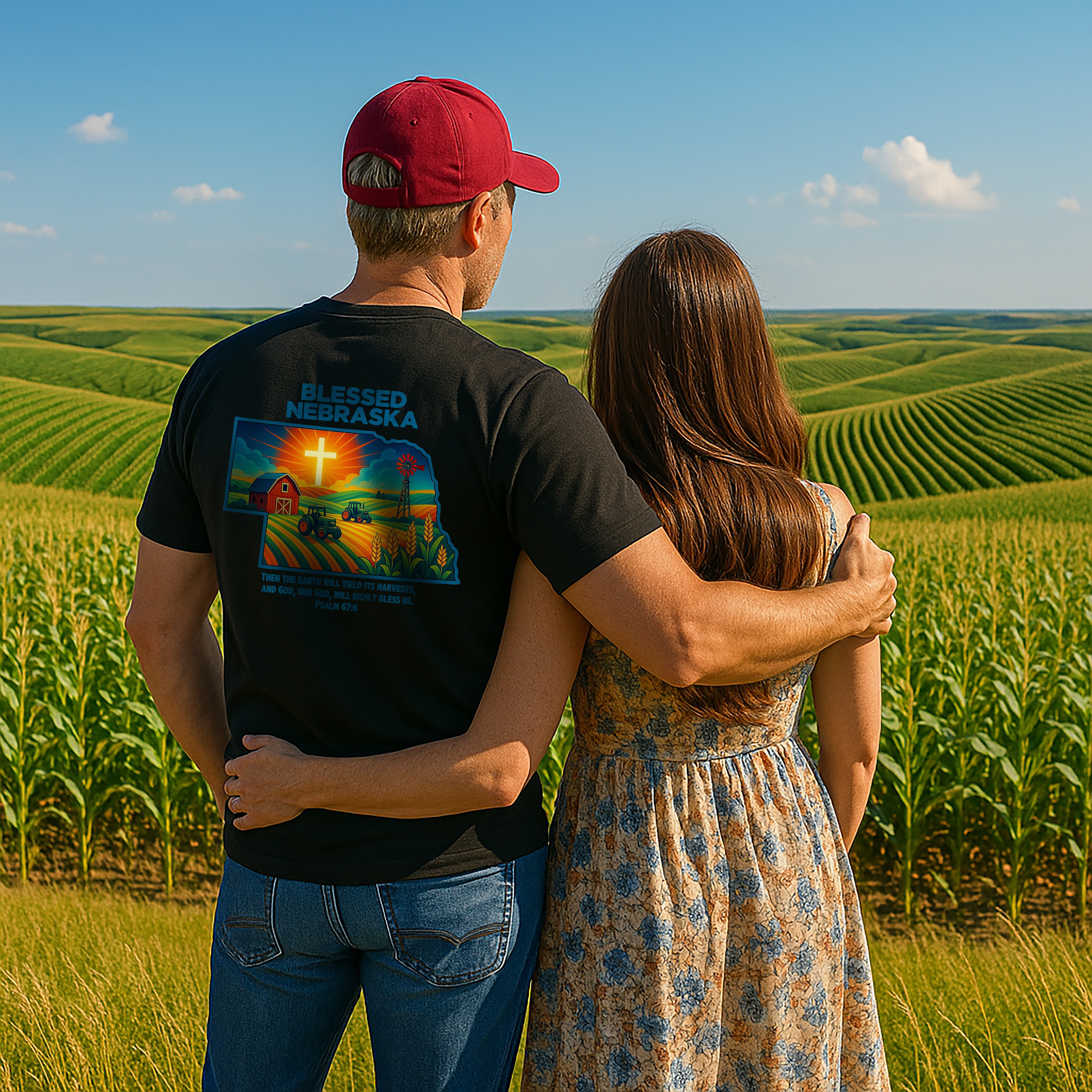 NB-Blessed Nebraska Christian Shirt, Psalm 67:6 Tee, Farm Cross Tractor Sunset T-shirt, Faith Midwest Apparel, God Bless America Collection