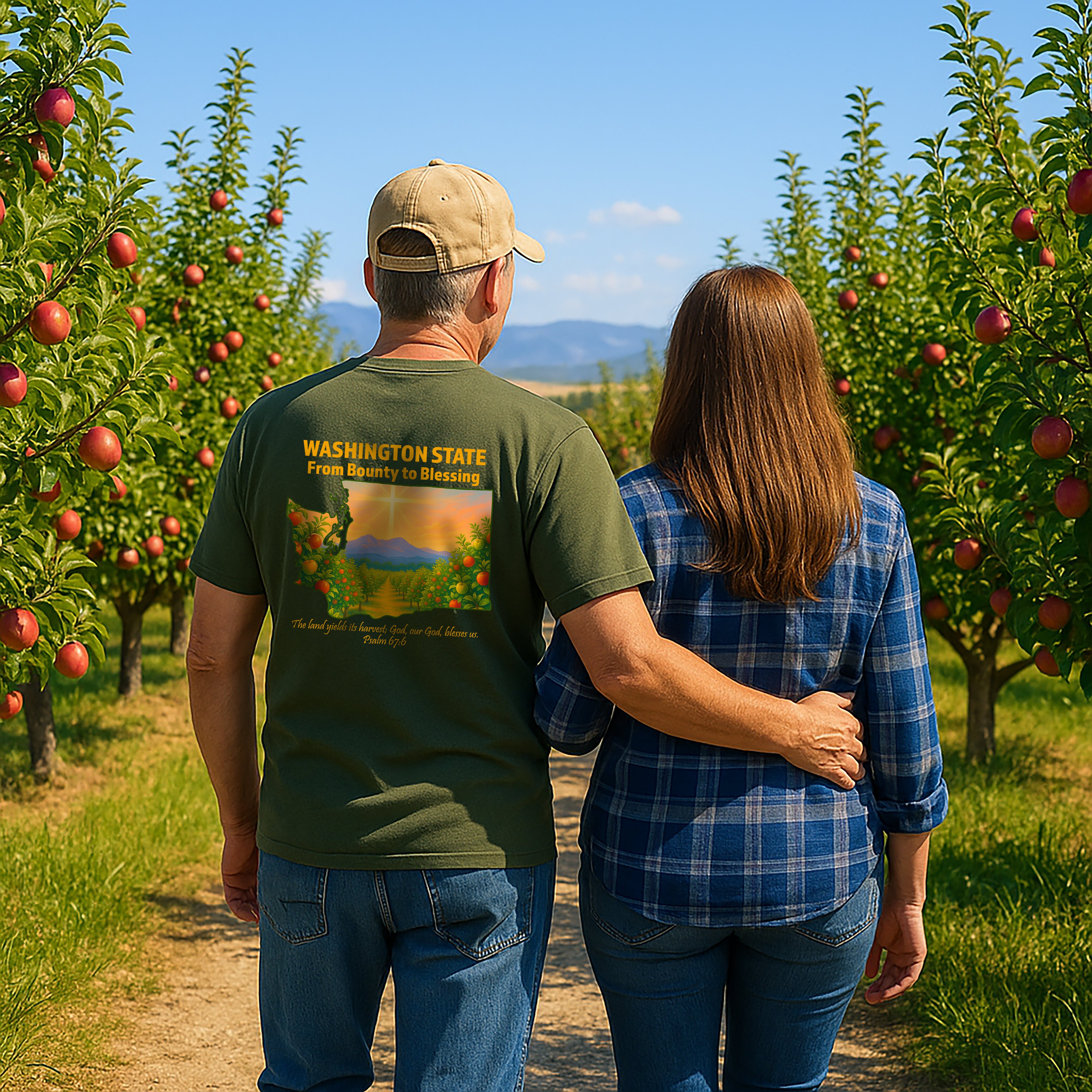 WA-From Bounty to Blessing, Psalm 67:6, Washington Apple Orchard T-shirt, Cross Faith Tee, God Bless America Collection, Redeemed Faith