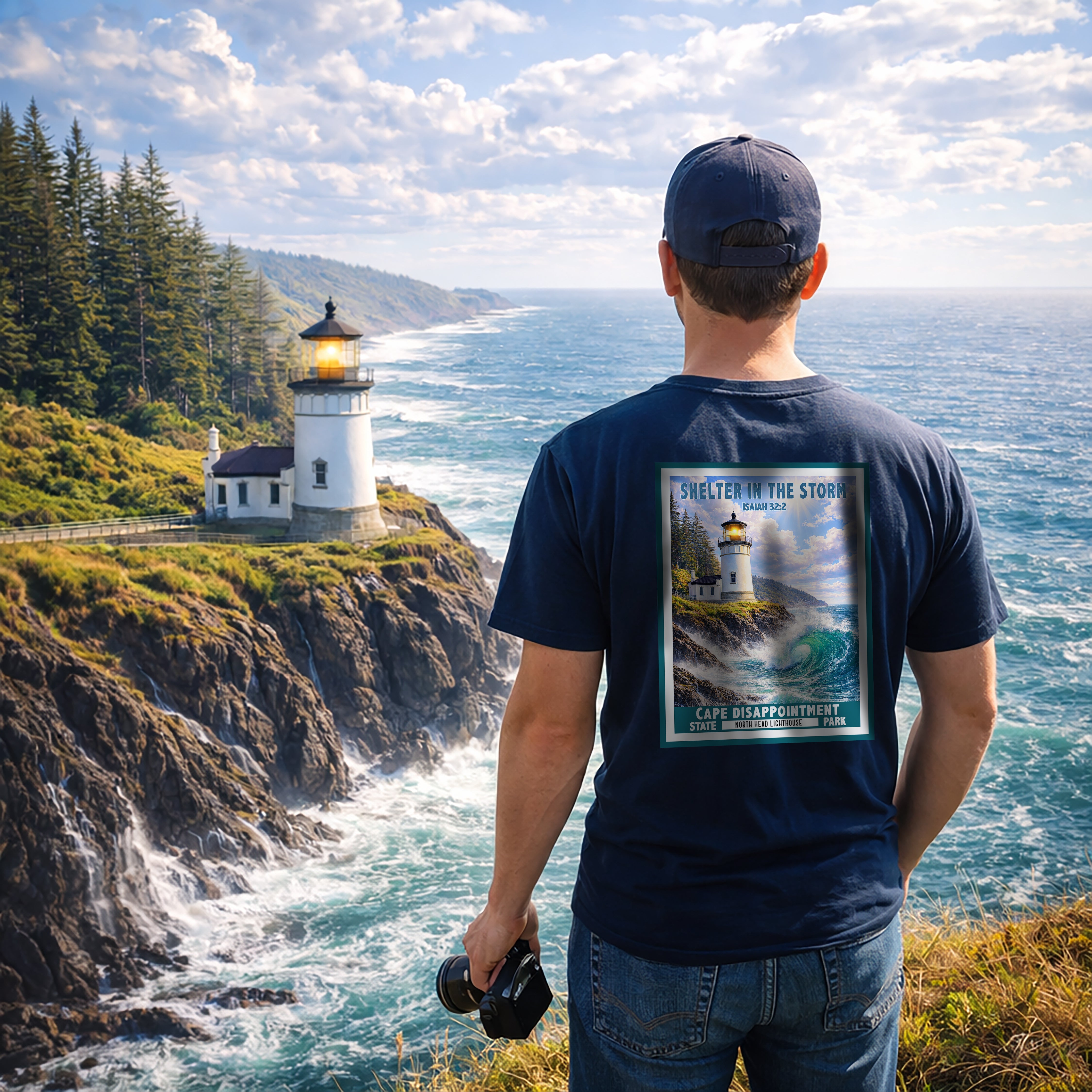 WA-Shelter in the Storm Shirt, Isaiah 32:2, Cape Disappointment, North Head Lighthouse, Christian Faith Tee, God Bless America Collection