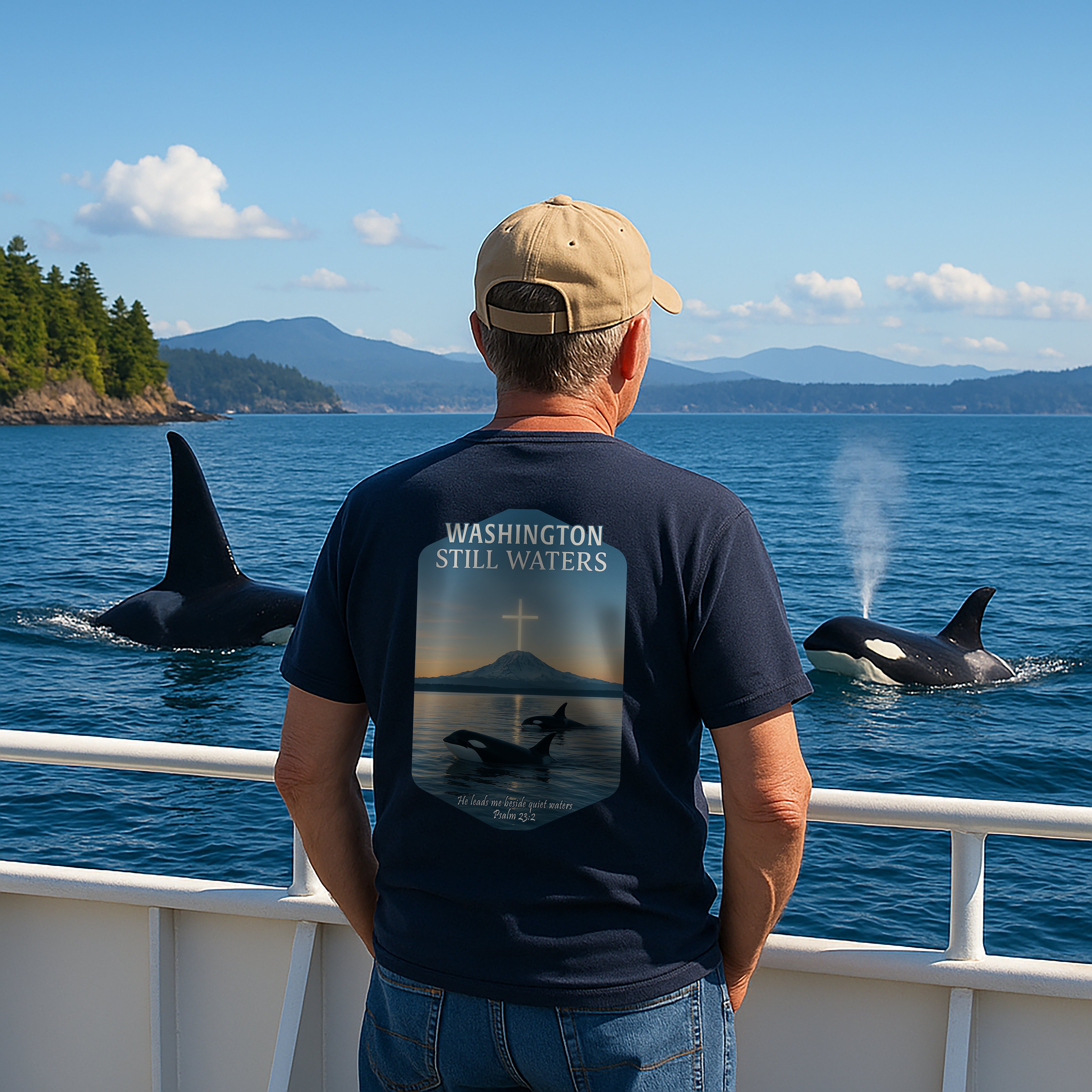 WA-Washington Still Waters Christian Shirt, Psalm 23:2, Orca Mountain Cross Faith, Nature Tee, God Bless America Collection, Redeemed Faith
