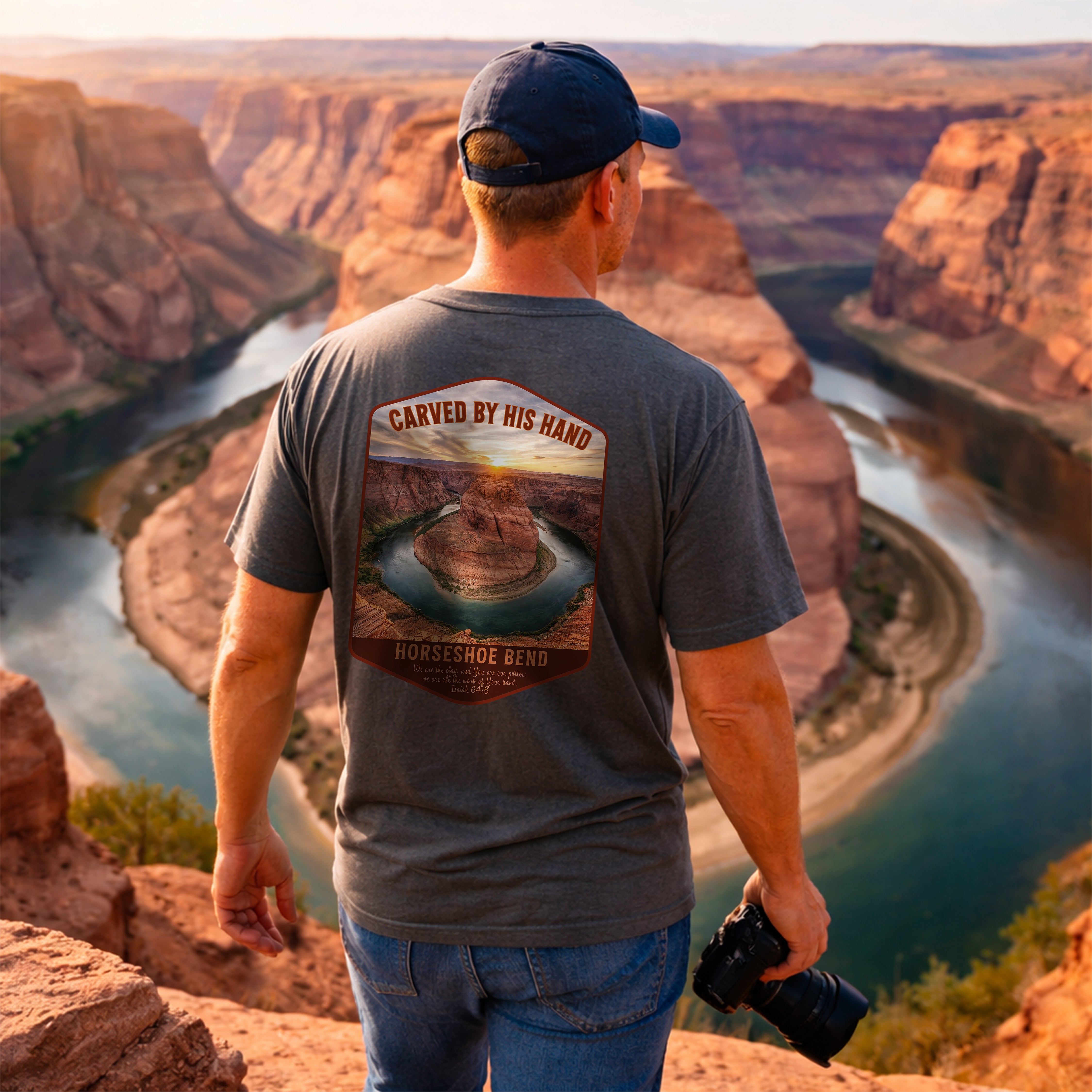 AZ-Horseshoe Bend Christian T Shirt, Carved by His Hand Tee, Arizona Faith Shirt, Isaiah 64 Bible Verse Shirt, God Bless America Collection