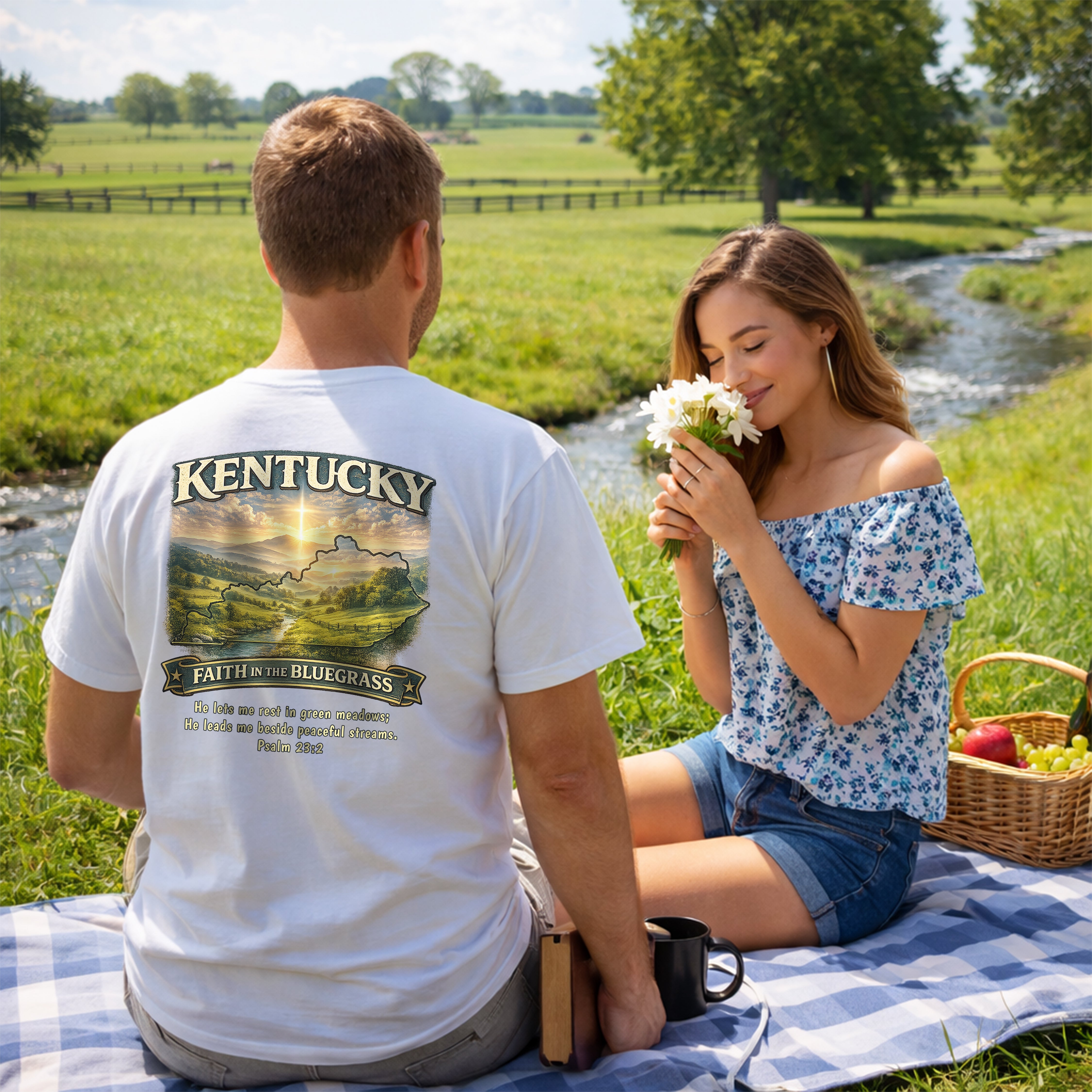 KY-Kentucky Faith in the Bluegrass Christian T Shirt, Psalm 23 Tee, Kentucky State Faith Shirt, Christian Gift, God Bless America Collection