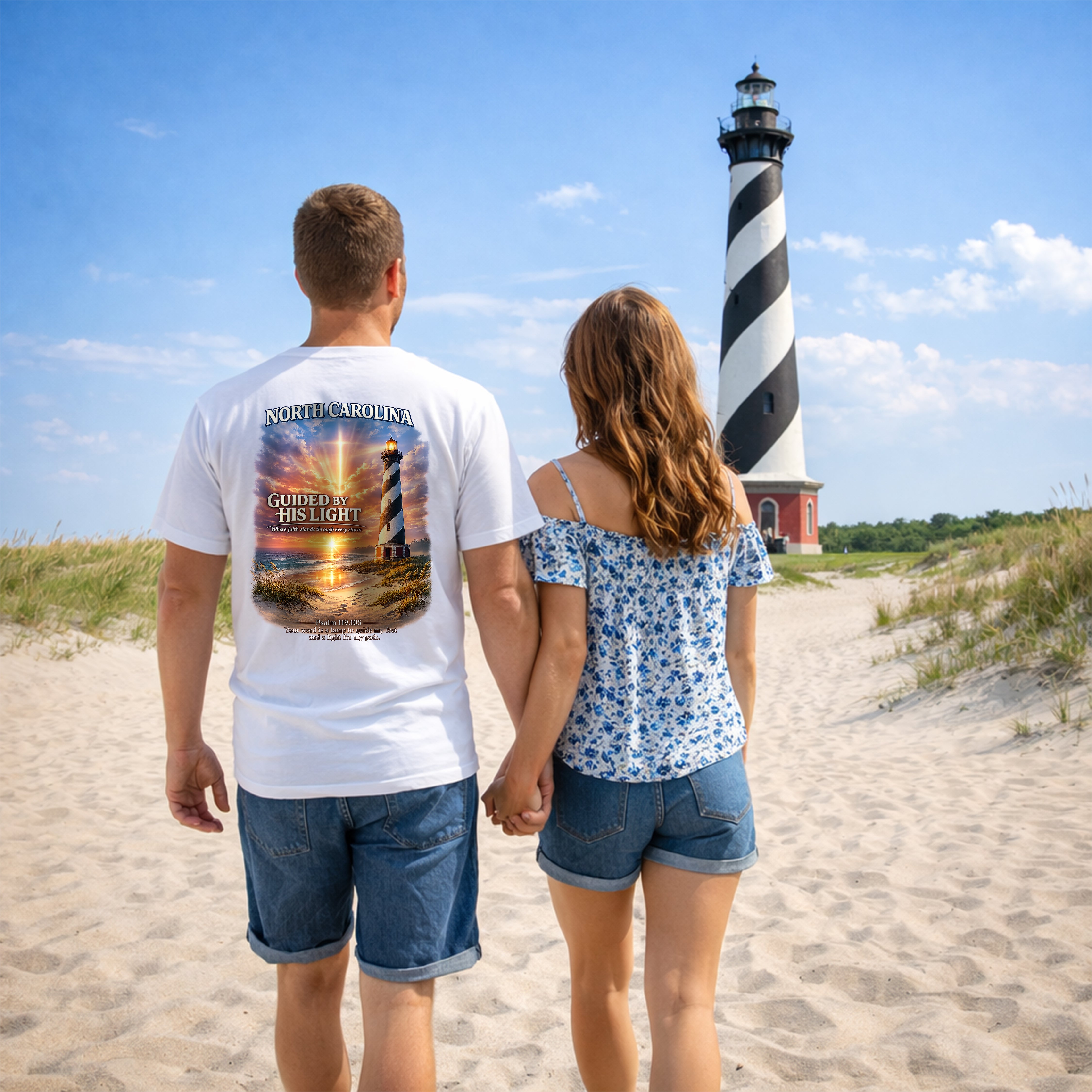 NC-North Carolina Guided by His Light Christian T Shirt, Lighthouse Faith Tee, Psalm 119:105 Shirt, God Bless America Collection